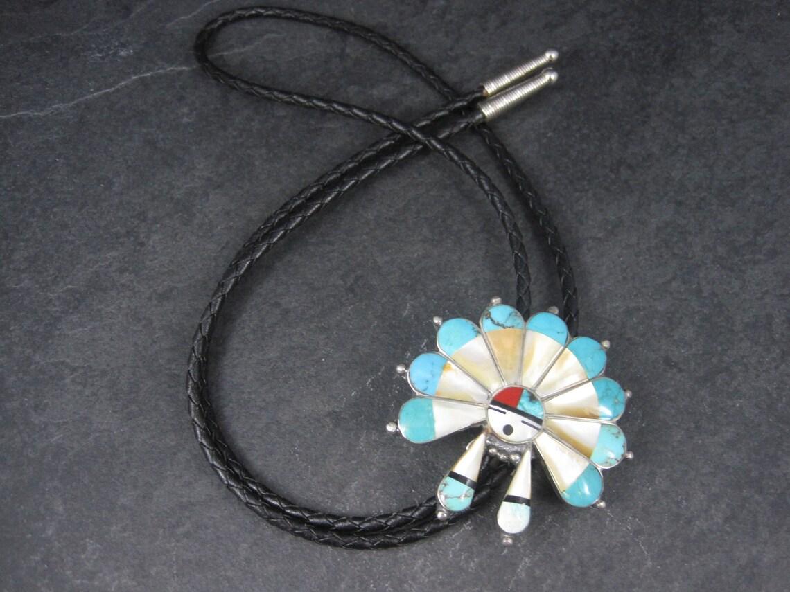 Native American Large Vintage Sterling Turquoise Inlaid Sun Face Bolo Tie For Sale
