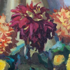 Large Vintage Still Life Painting of Vase of Flowers, Artist Signed 20th Century