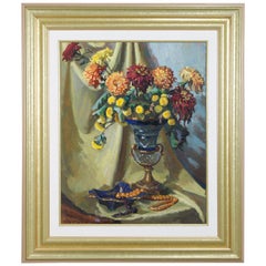 Large Vintage Still Life Painting of Vase of Flowers, Artist Signed 20th Century