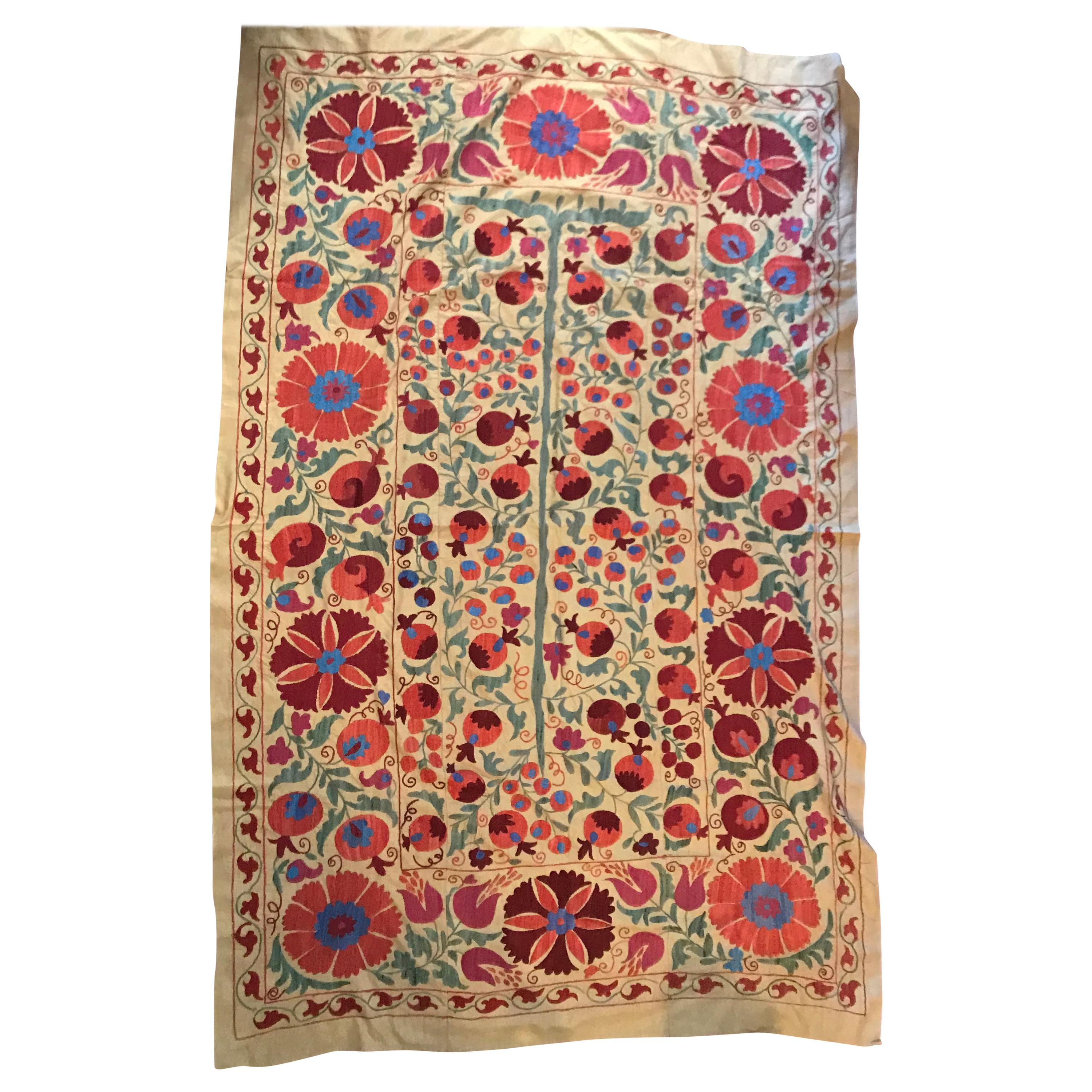 Large Vintage Suzani Hand Embroidered Blanket Silk on Cotton For Sale