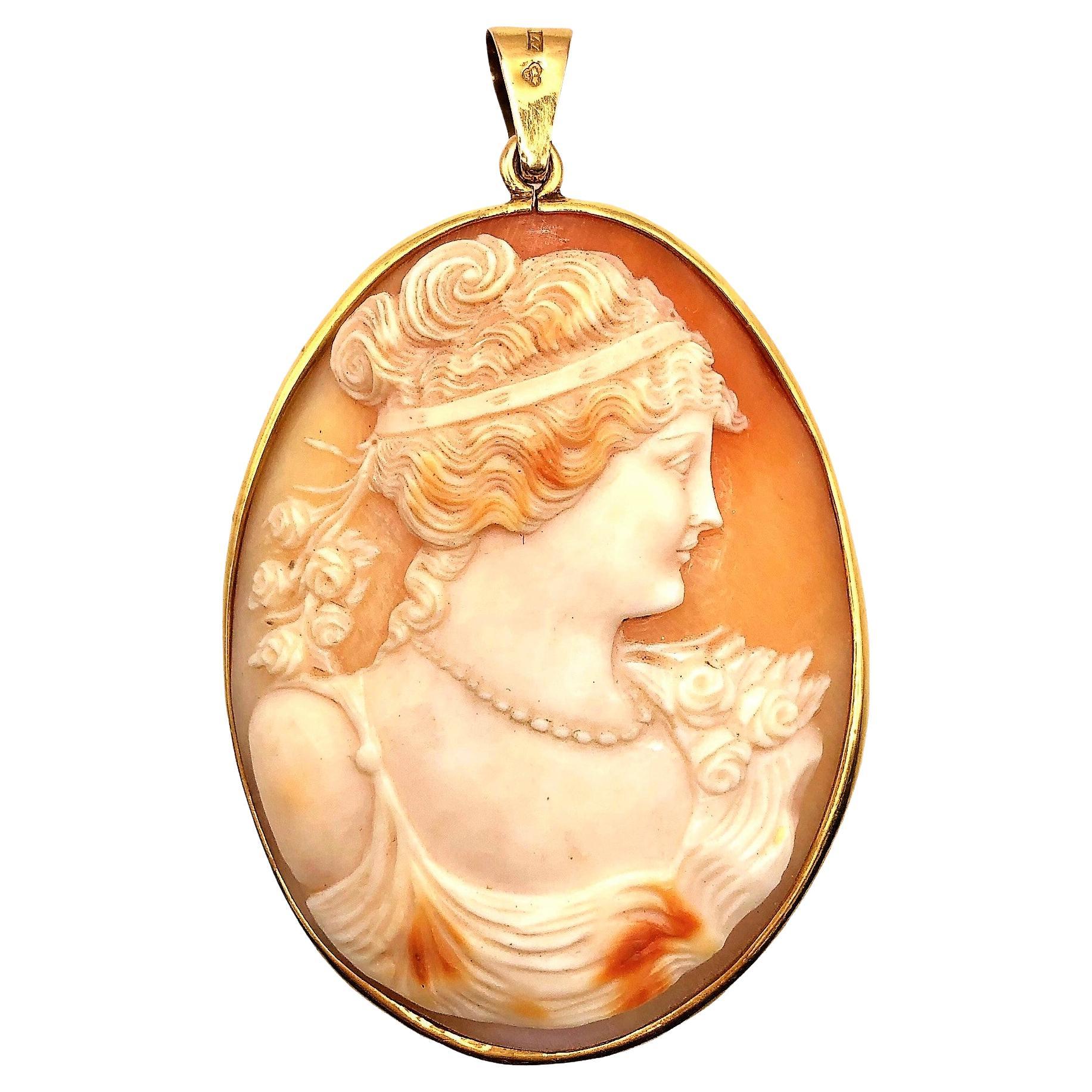 Large Vintage Swedish Shell Cameo in 18K Yellow Gold Pendant Frame For Sale
