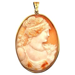 Large Vintage Swedish Shell Cameo in 18K Yellow Gold Pendant Frame