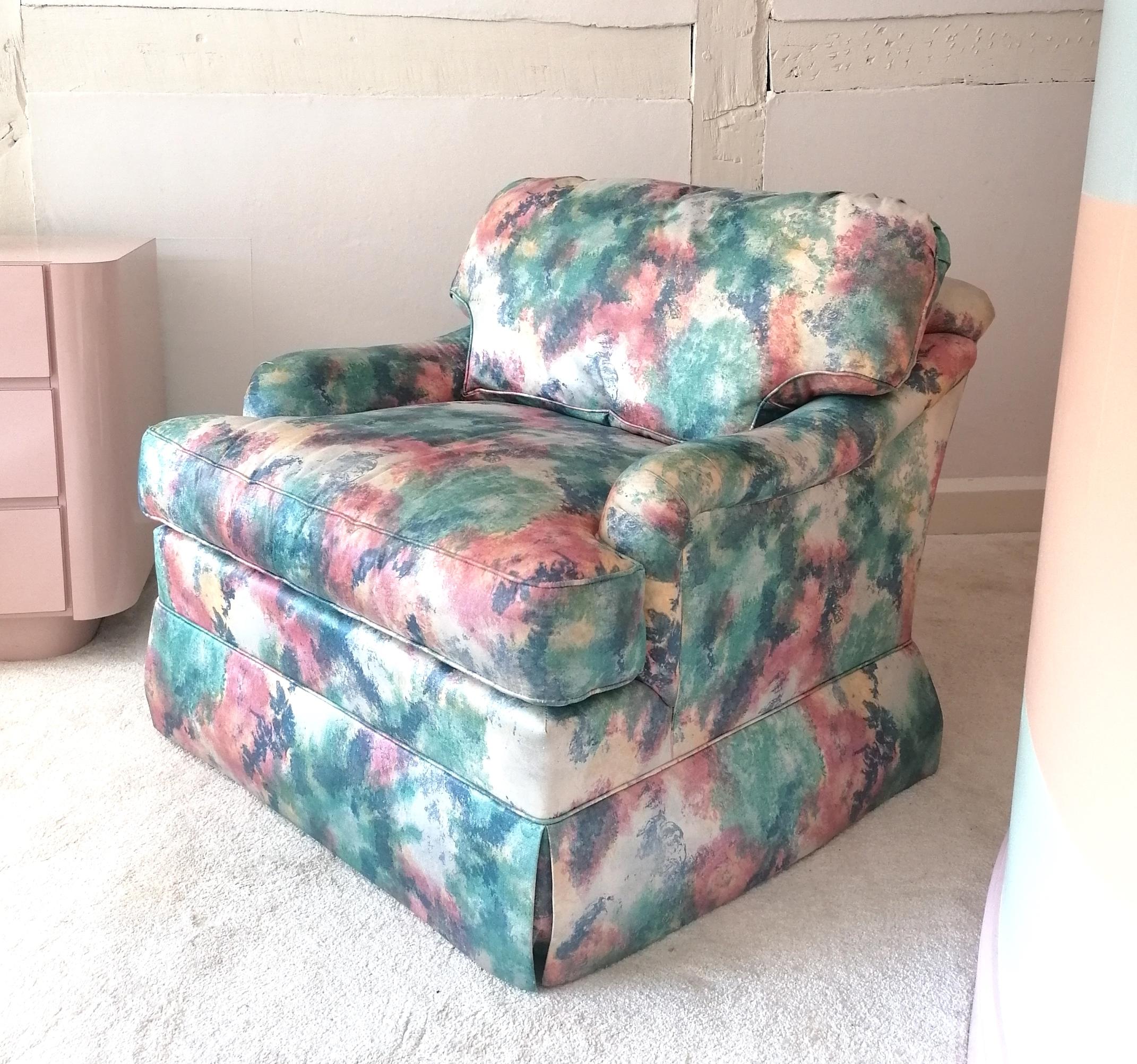 Huge squashy swivelling armchairs. Made by Kravet, USA, late 1970s / early 1980s. They're the most comfortable chairs we've had (down & feather in the cushions) and have their original silky mercerised cotton abstract patterned upholstery...which is