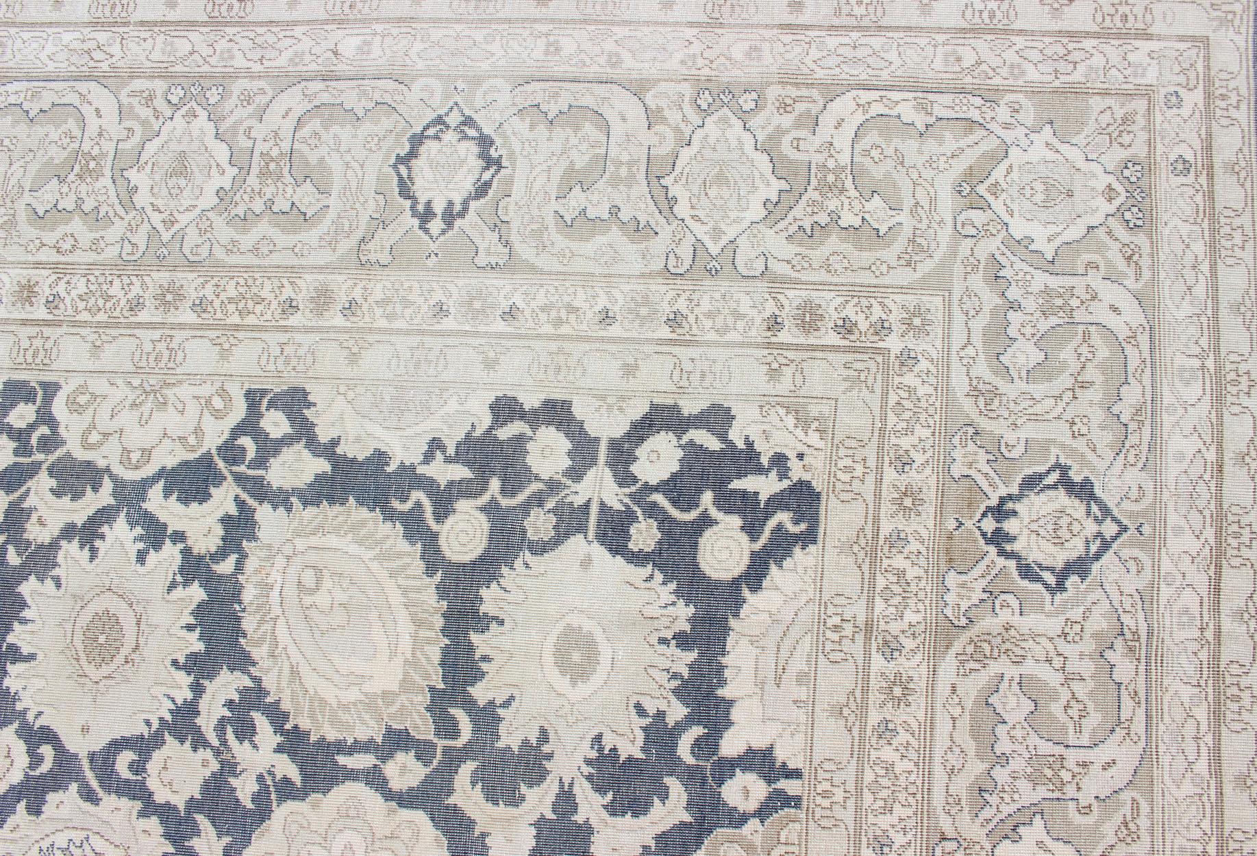 Large Vintage Tabriz Rug with All-Over Motif Design in Steel Gray and Tan For Sale 1