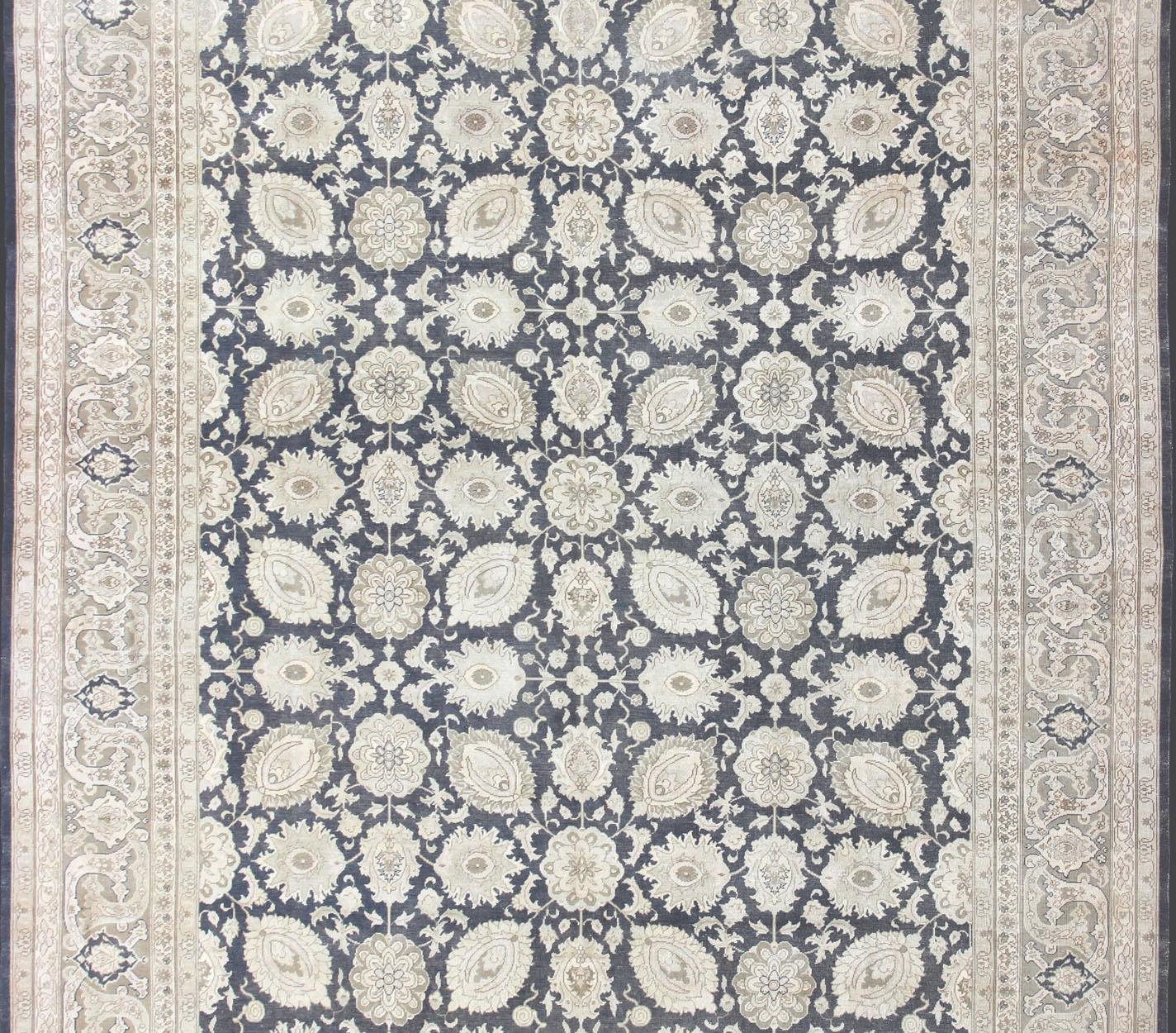 Persian Large Vintage Tabriz Rug with All-Over Motif Design in Steel Gray and Tan For Sale
