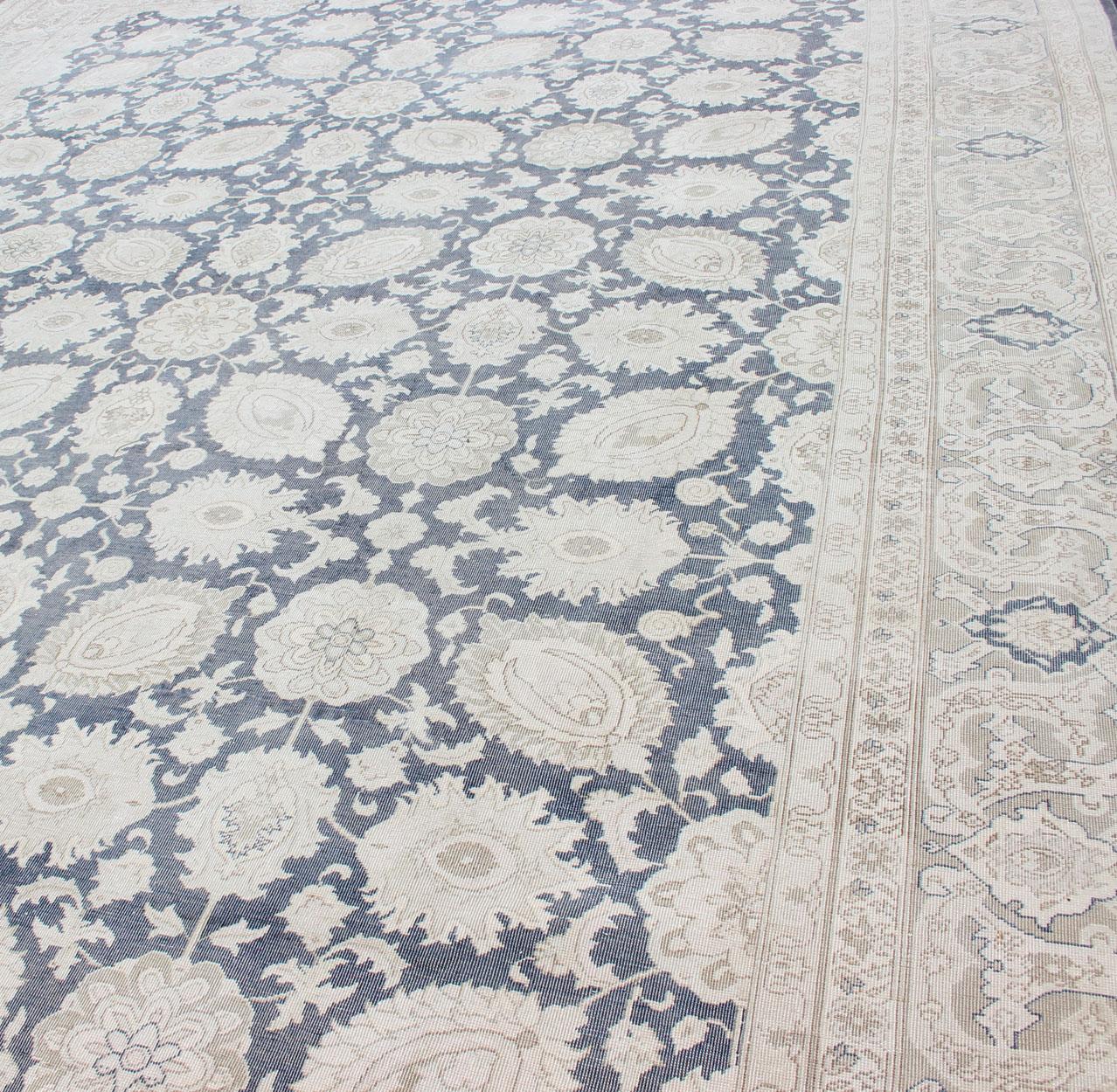 Hand-Knotted Large Vintage Tabriz Rug with All-Over Motif Design in Steel Gray and Tan For Sale