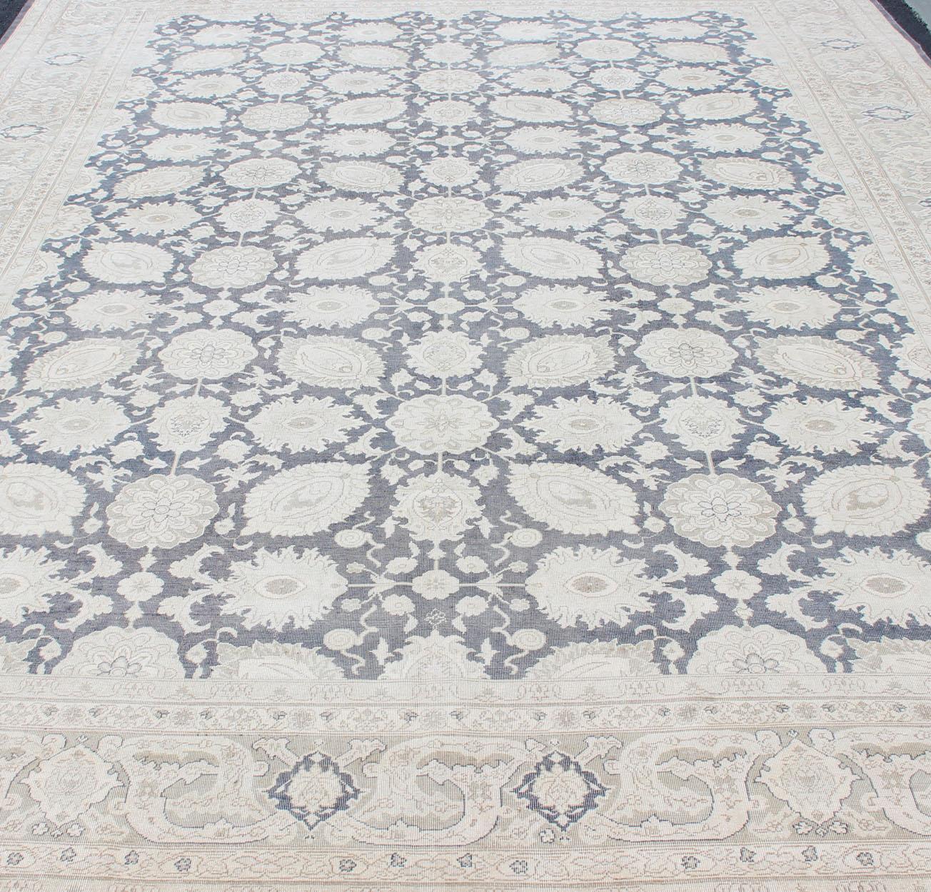 Large Vintage Tabriz Rug with All-Over Motif Design in Steel Gray and Tan In Good Condition For Sale In Atlanta, GA