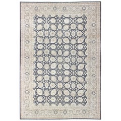 Large Vintage Tabriz Rug with All-Over Motif Design in Steel Blue and Tans