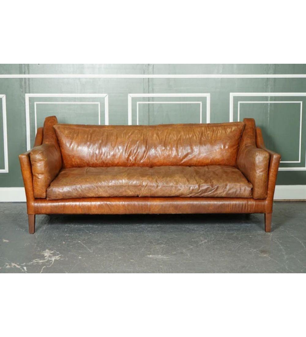Mid-Century Modern Large Vintage Tan Leather Contemporary Designer Sofa For Sale