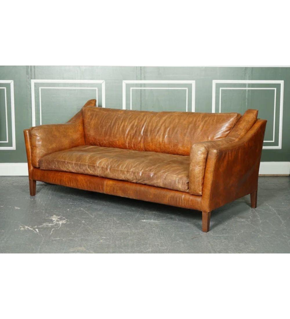 British Large Vintage Tan Leather Contemporary Designer Sofa For Sale