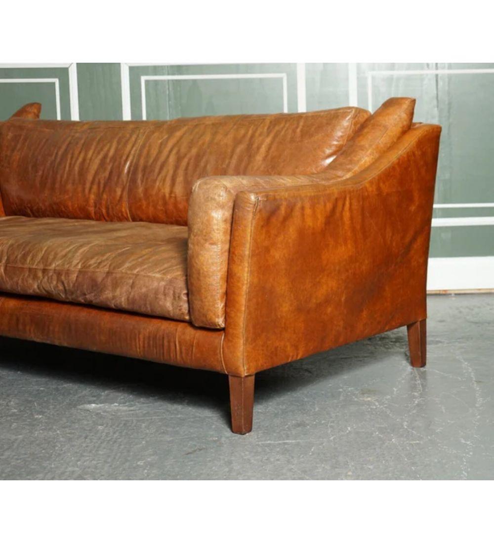 Hand-Crafted Large Vintage Tan Leather Contemporary Designer Sofa For Sale