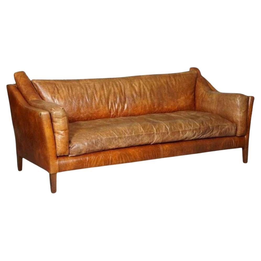Large Vintage Tan Leather Contemporary Designer Sofa For Sale
