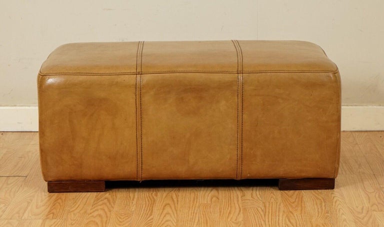 British Large Vintage Tan Leather Footstool Ottoman by Halo For Sale