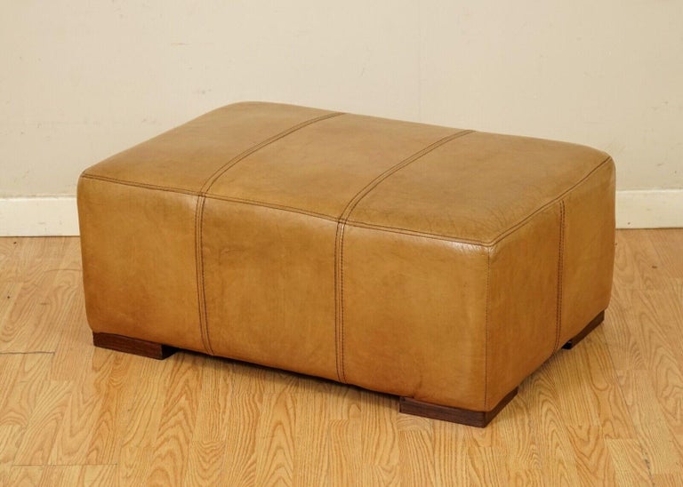 Hand-Crafted Large Vintage Tan Leather Footstool Ottoman by Halo For Sale