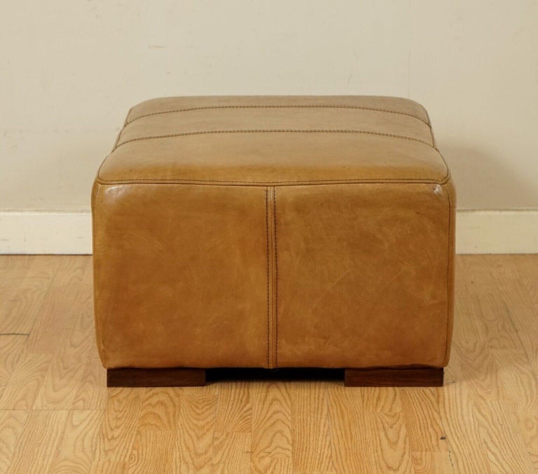 20th Century Large Vintage Tan Leather Footstool Ottoman by Halo For Sale