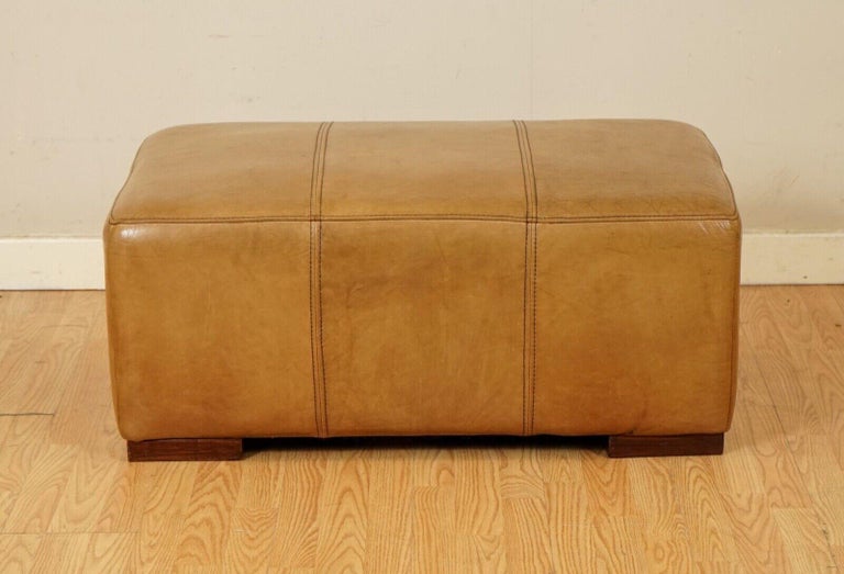 Large Vintage Tan Leather Footstool Ottoman by Halo For Sale 1