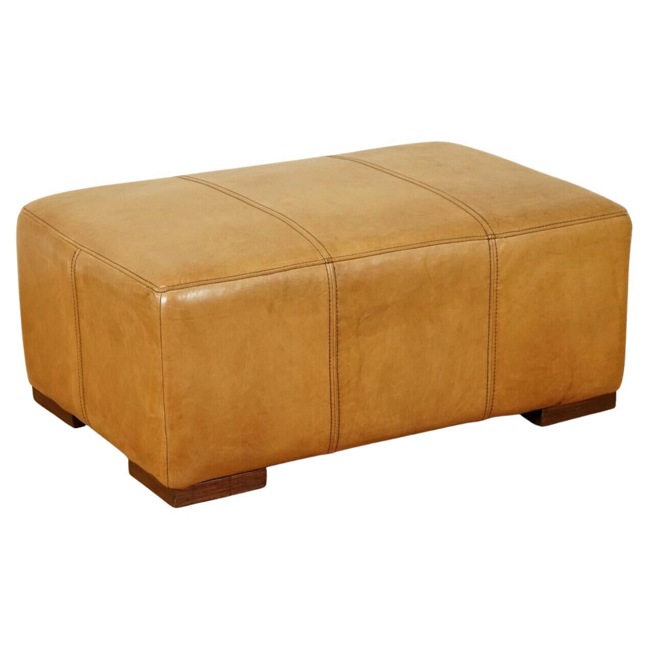 Large Vintage Tan Leather Footstool Ottoman by Halo
