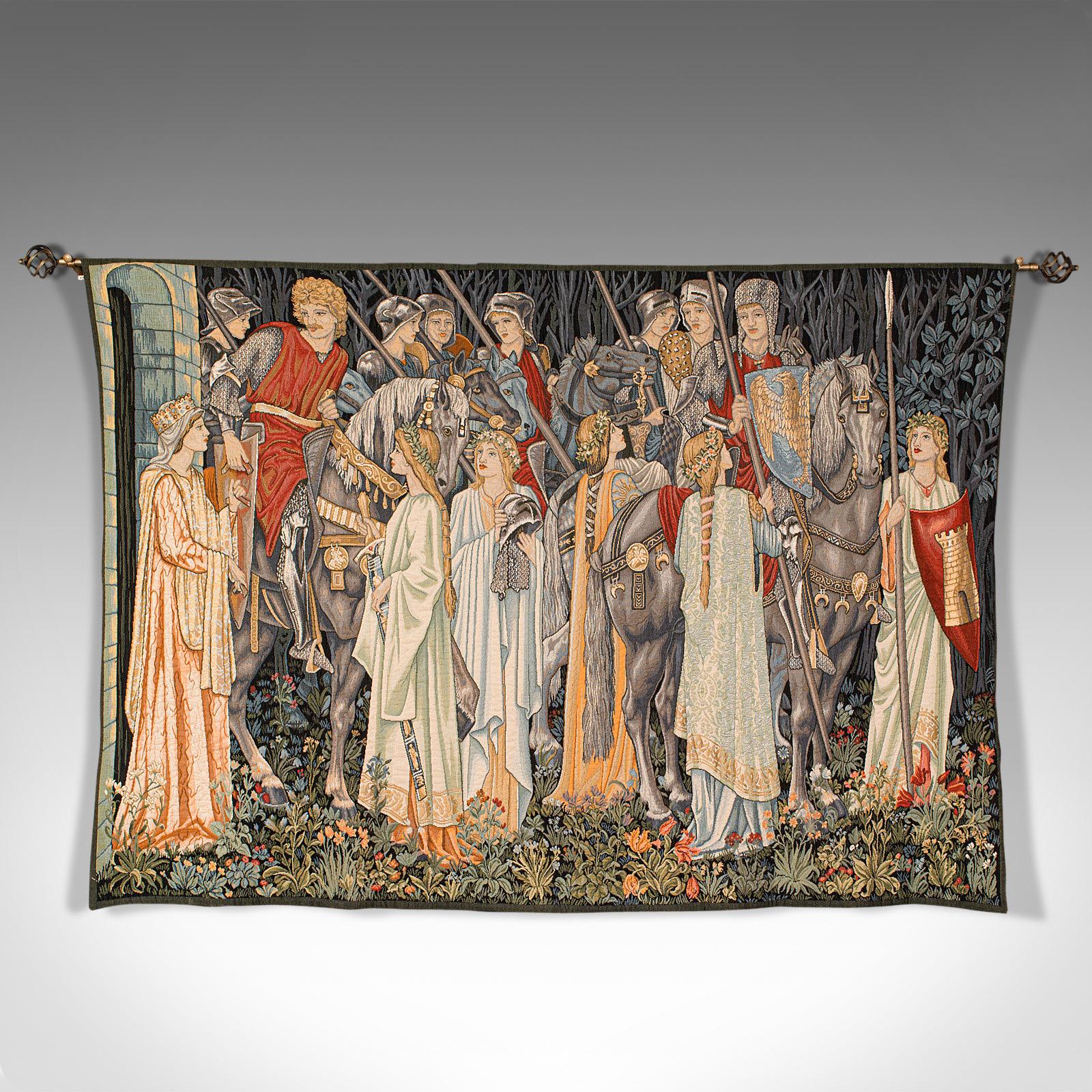 This is a large vintage tapestry. A French, jacquard embroidered decorative wall covering showing the quest for the Holy Grail, dating to the late 20th century.

Epic scene a recreation of La Quete Du Saint Graal, hanging in The Birmingham
