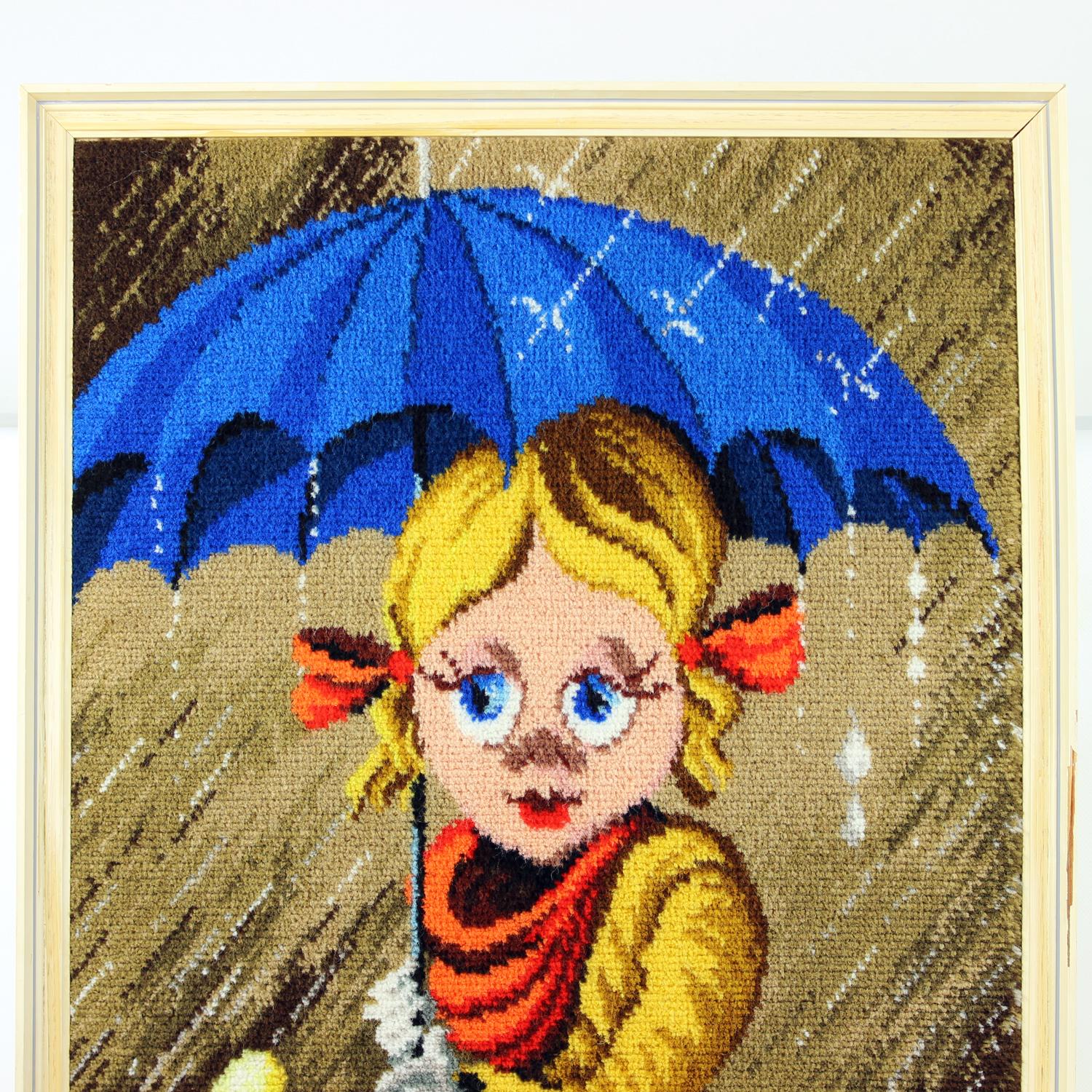 Großer Vintage-Wandteppich mit Cartoon-Mädchen im Rahmen, Tschechoslowakei 1970er Jahre (Ende des 20. Jahrhunderts) im Angebot