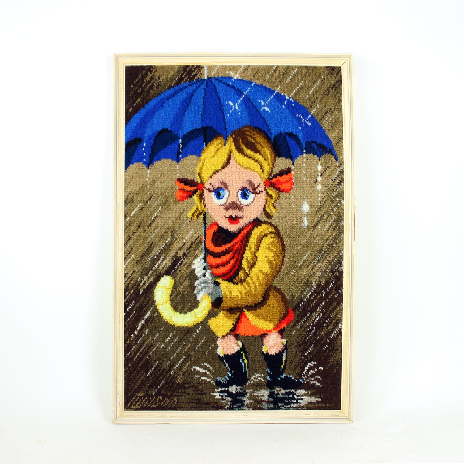 Großer Vintage-Wandteppich mit Cartoon-Mädchen im Rahmen, Tschechoslowakei 1970er Jahre im Angebot 2