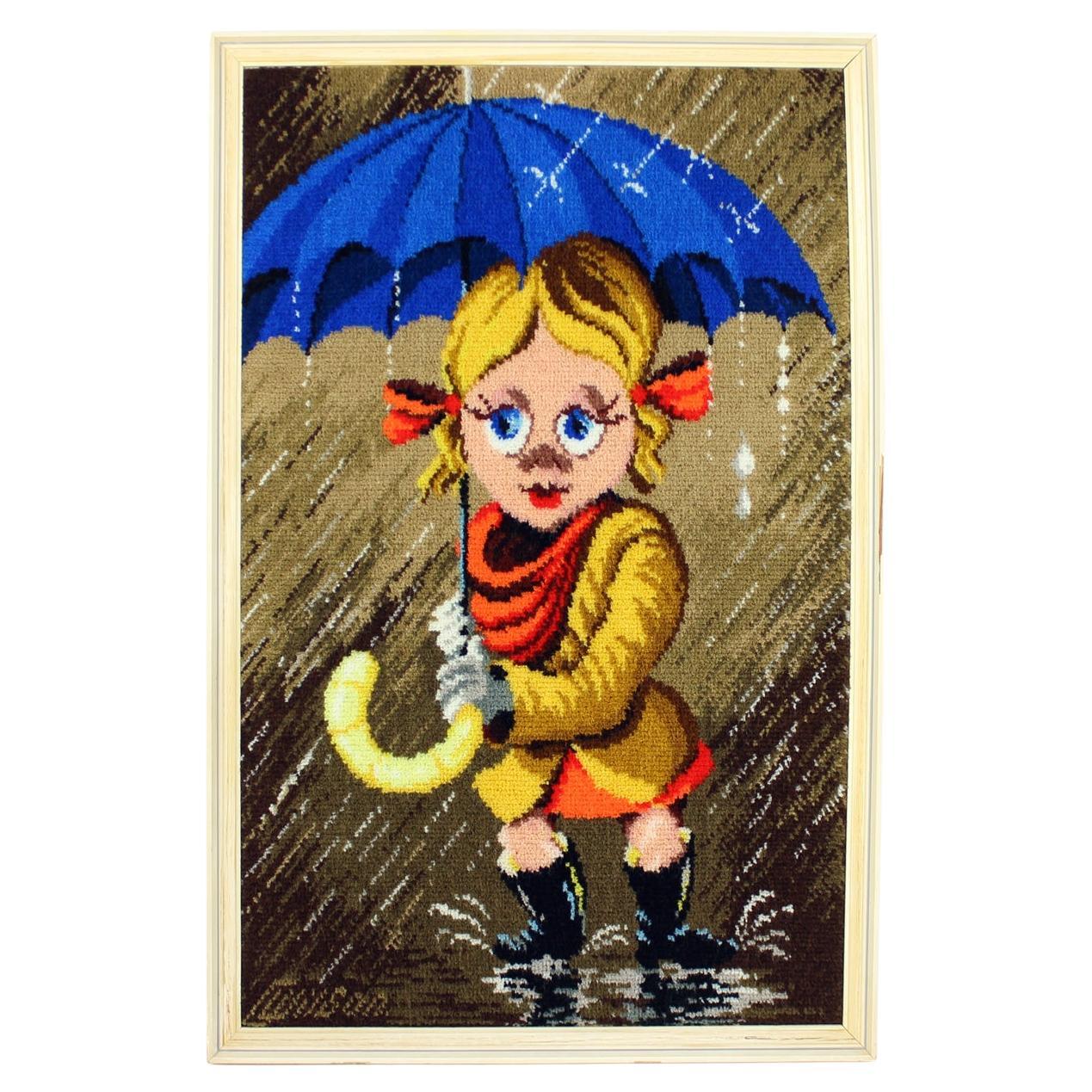 Großer Vintage-Wandteppich mit Cartoon-Mädchen im Rahmen, Tschechoslowakei 1970er Jahre