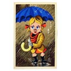Large Vintage Tapestry Of Cartoon Girl In Frame, Czechoslovakia 1970s