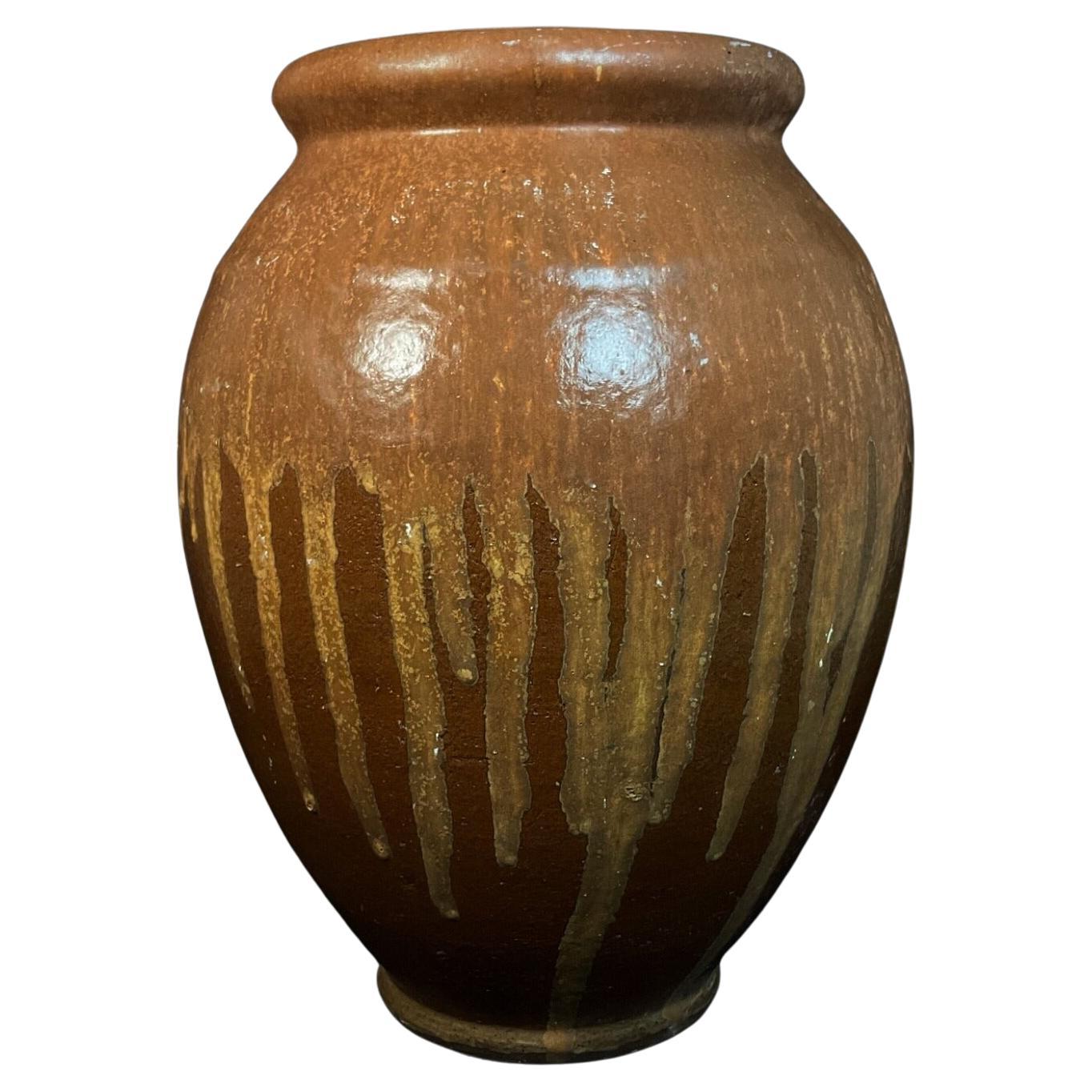 Gran jarrón vintage de terracota  Olla esmaltada marrón  Mediados del siglo XX - 2Y576 en venta