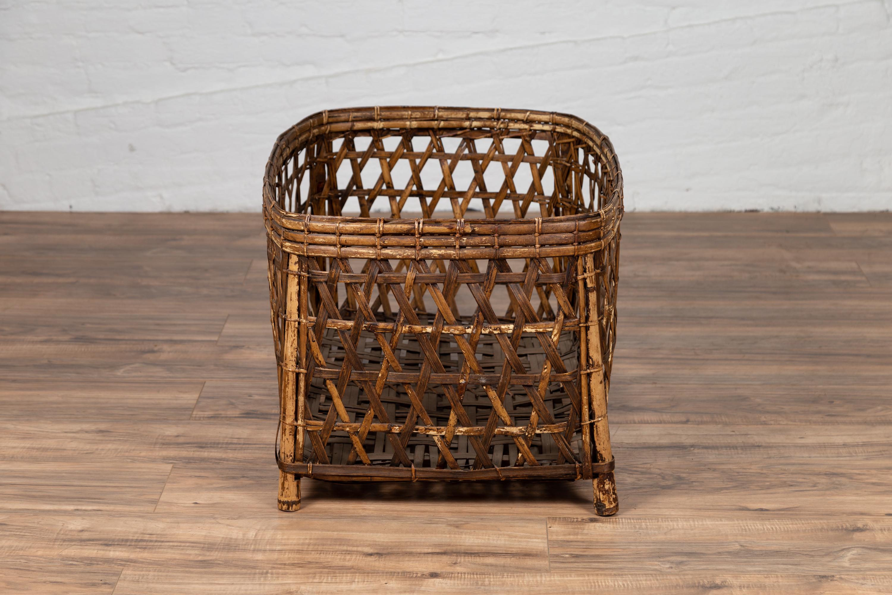 Large Midcentury Bamboo Fretwork Basket Raised on Short Feet, circa 1950 For Sale 6