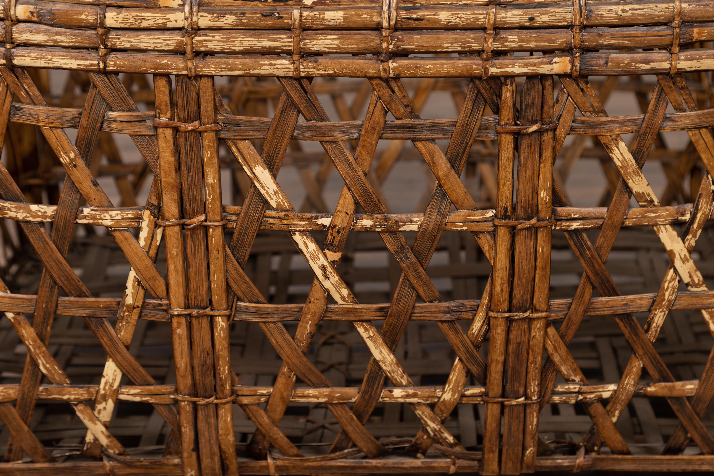Large Midcentury Bamboo Fretwork Basket Raised on Short Feet, circa 1950 In Good Condition For Sale In Yonkers, NY