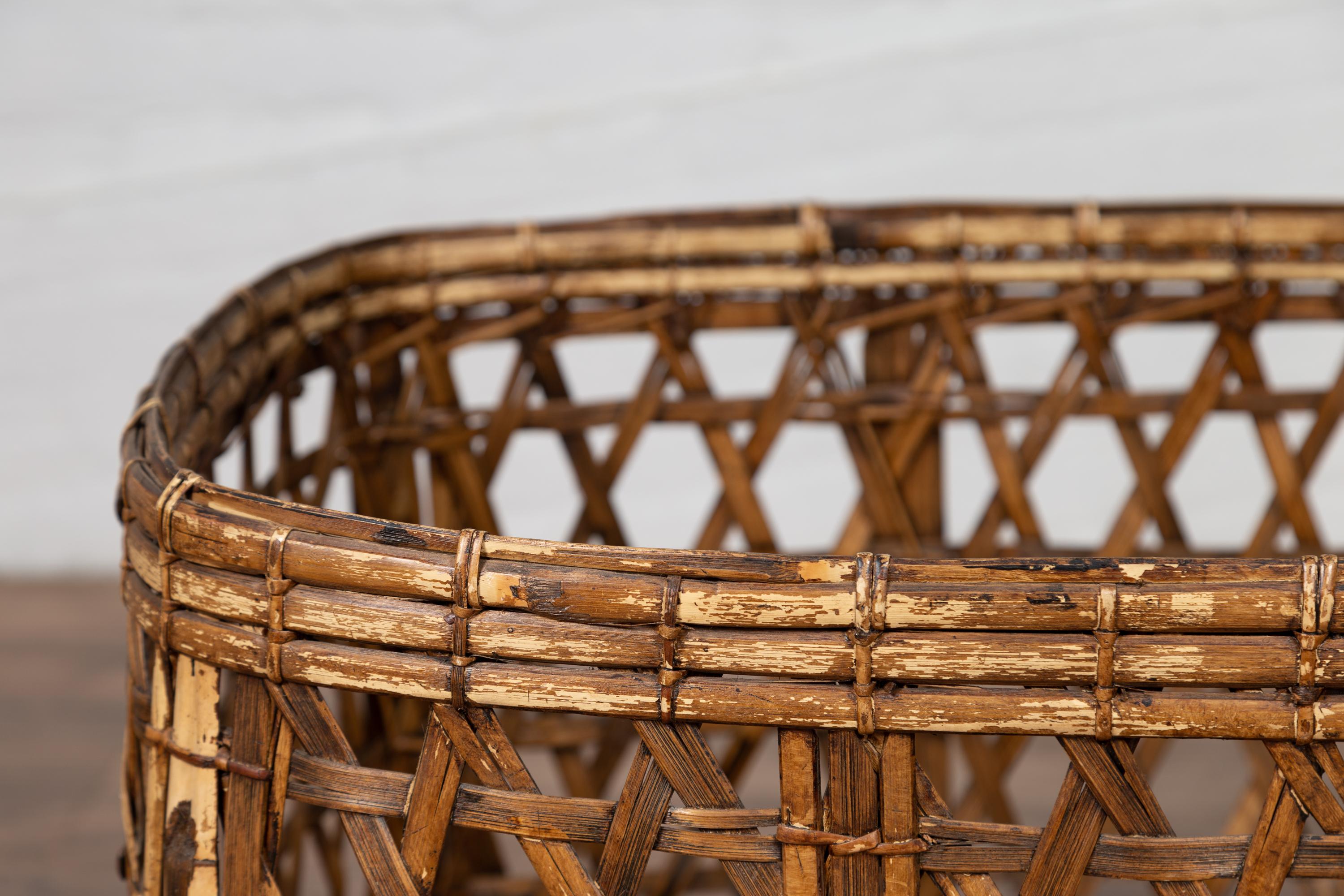 20th Century Large Midcentury Bamboo Fretwork Basket Raised on Short Feet, circa 1950 For Sale