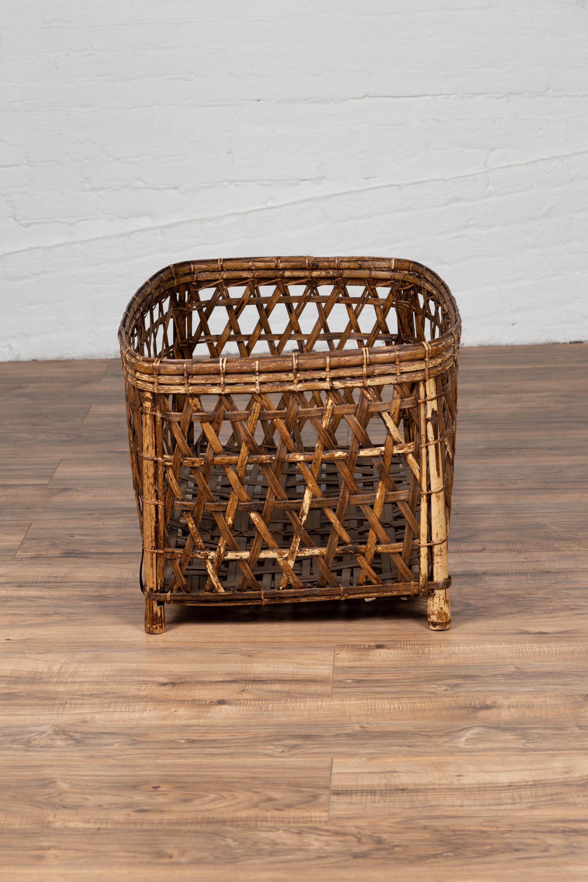 Large Midcentury Bamboo Fretwork Basket Raised on Short Feet, circa 1950 For Sale 4