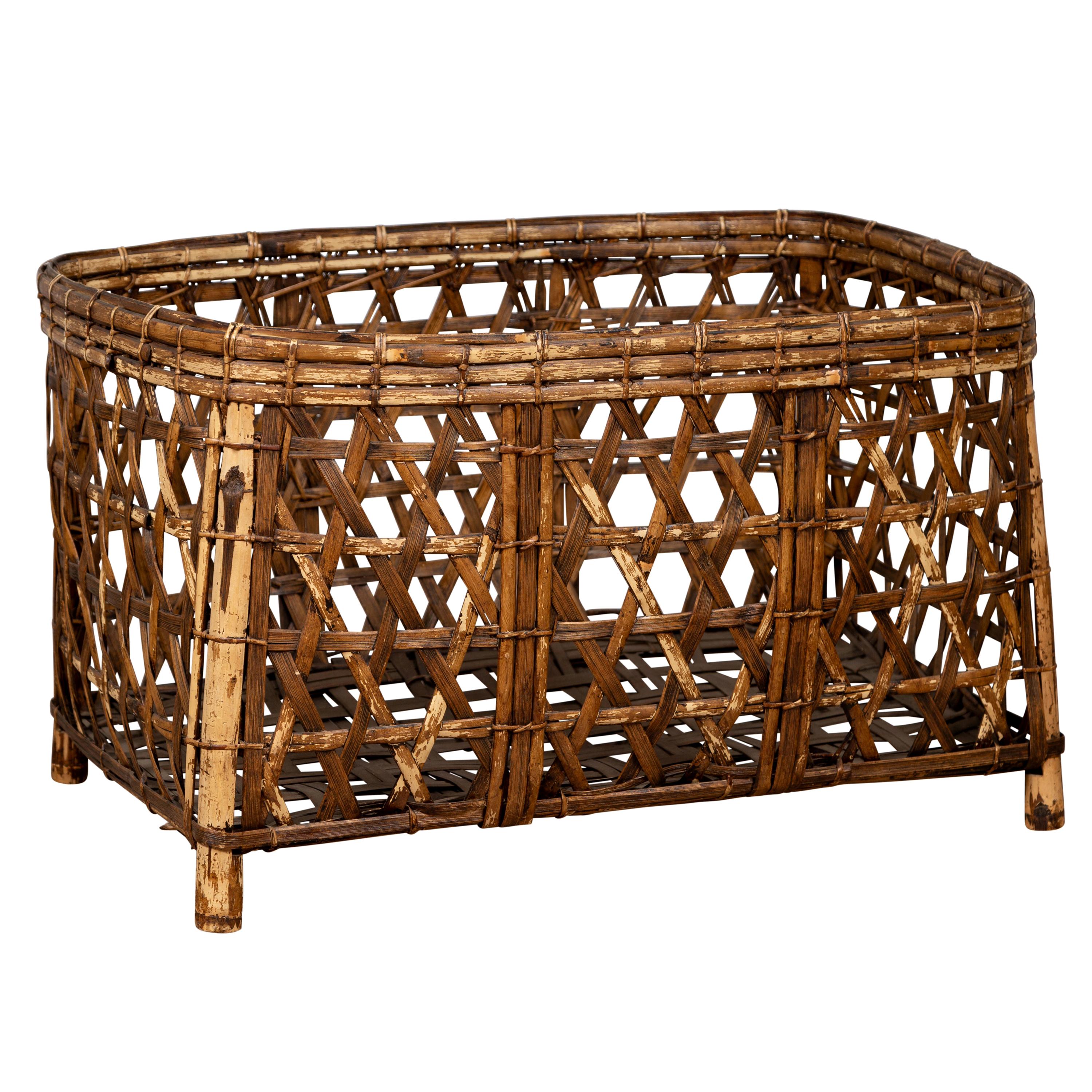 Large Vintage Thai Bamboo Fretwork Basket Raised on Short Feet, circa 1950