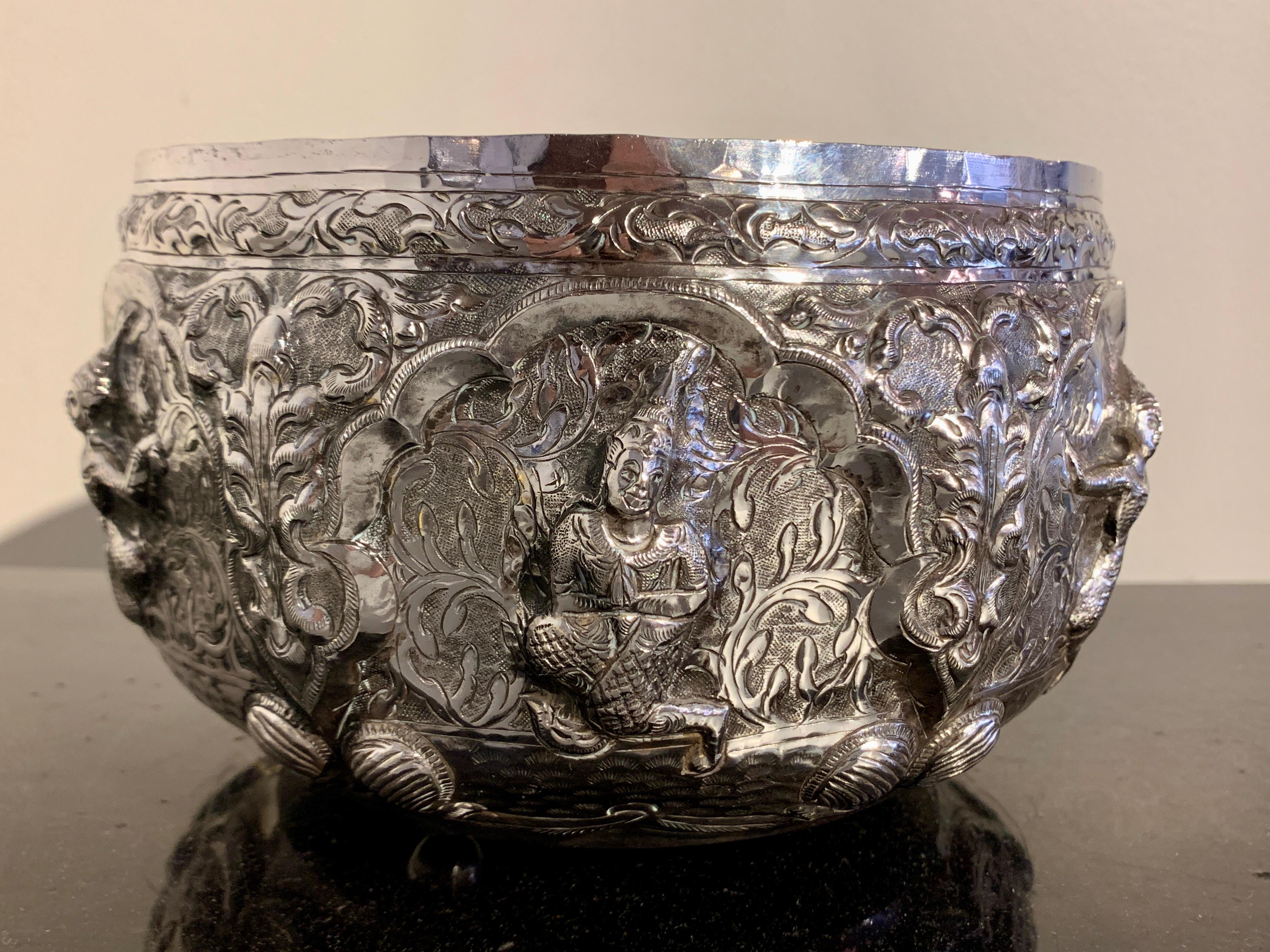 Hand-Crafted Large Vintage Thai Silver Repousse Offering Bowl, Mid-20th Century