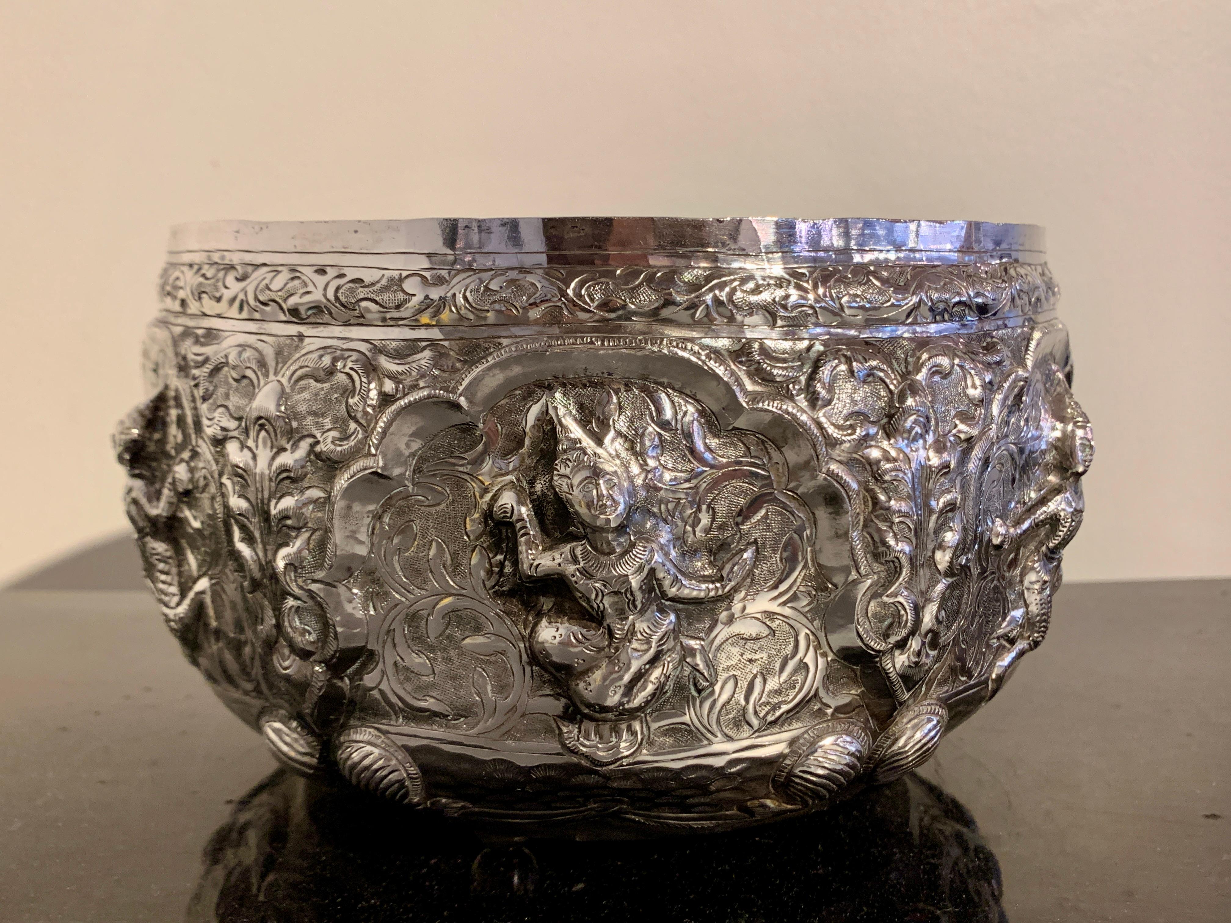 Large Vintage Thai Silver Repousse Offering Bowl, Mid-20th Century 1