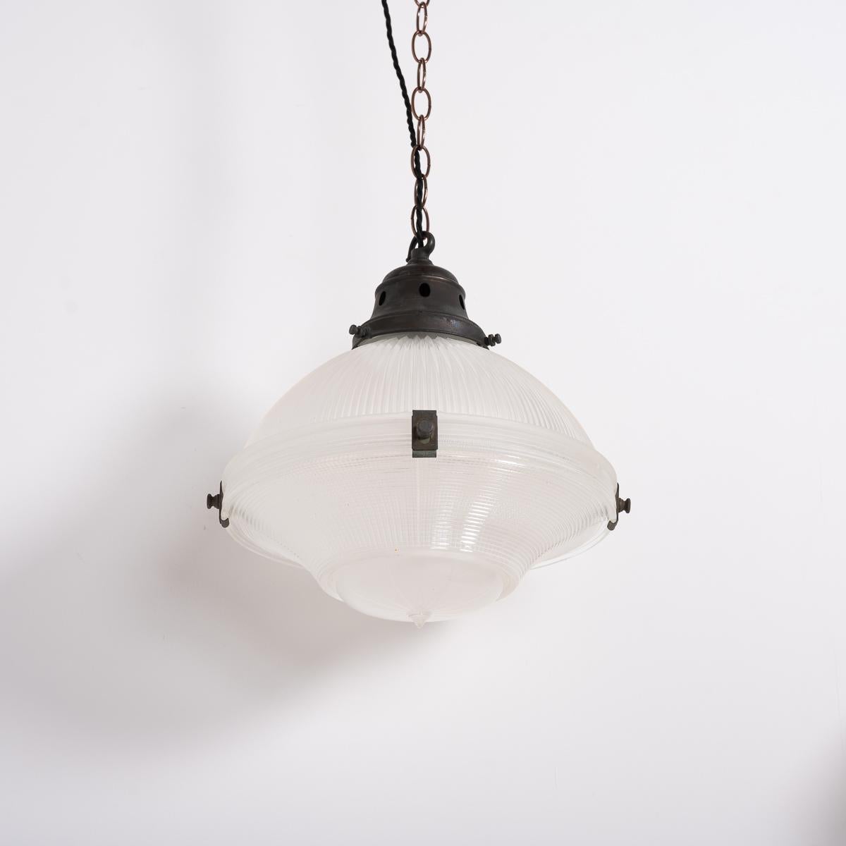 Large Vintage Three Part Holophane Prismatic Glass Pendant Light 5