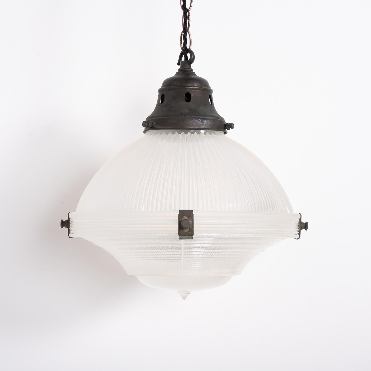 British Large Vintage Three Part Holophane Prismatic Glass Pendant Light