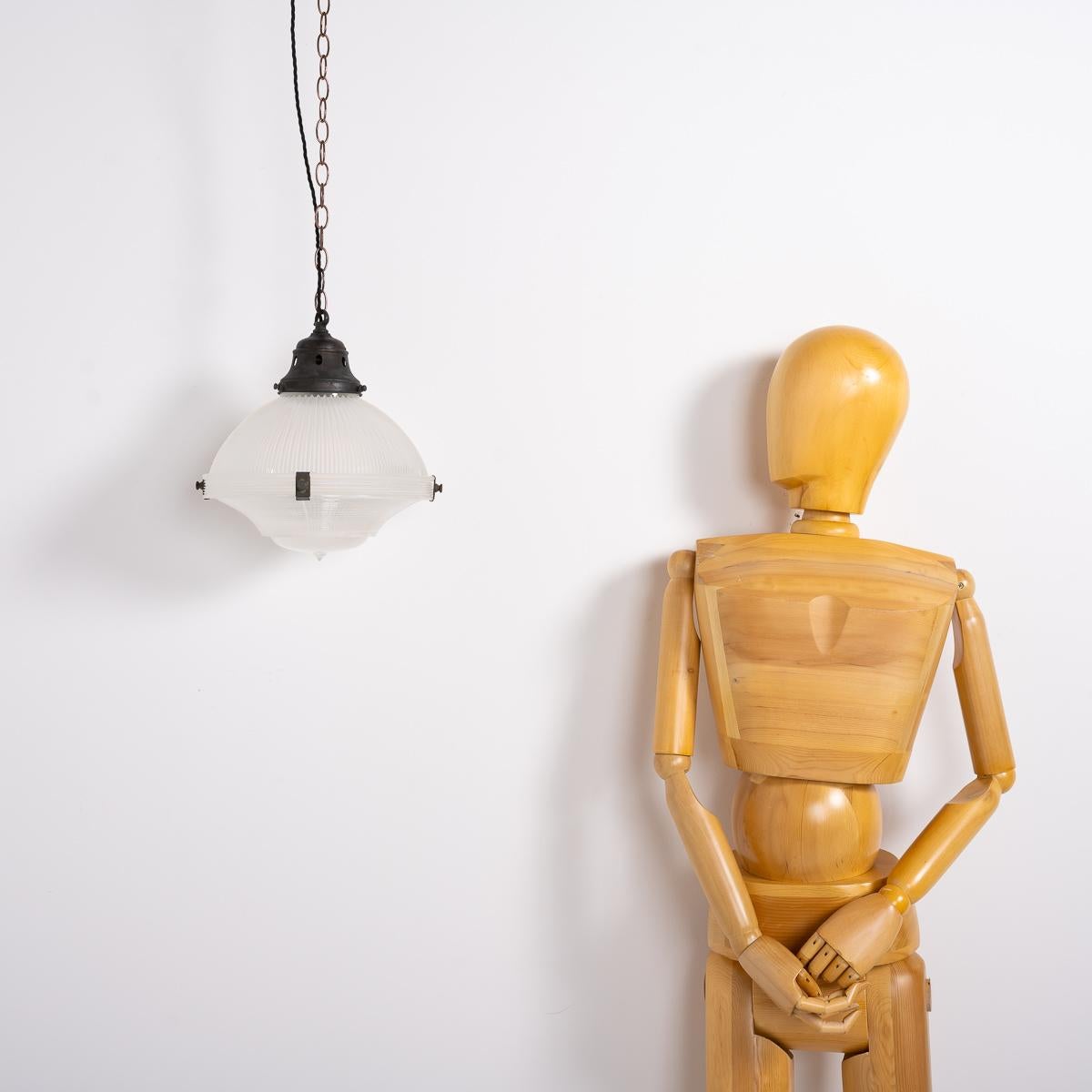 Large Vintage Three Part Holophane Prismatic Glass Pendant Light In Good Condition In Nottingham, GB