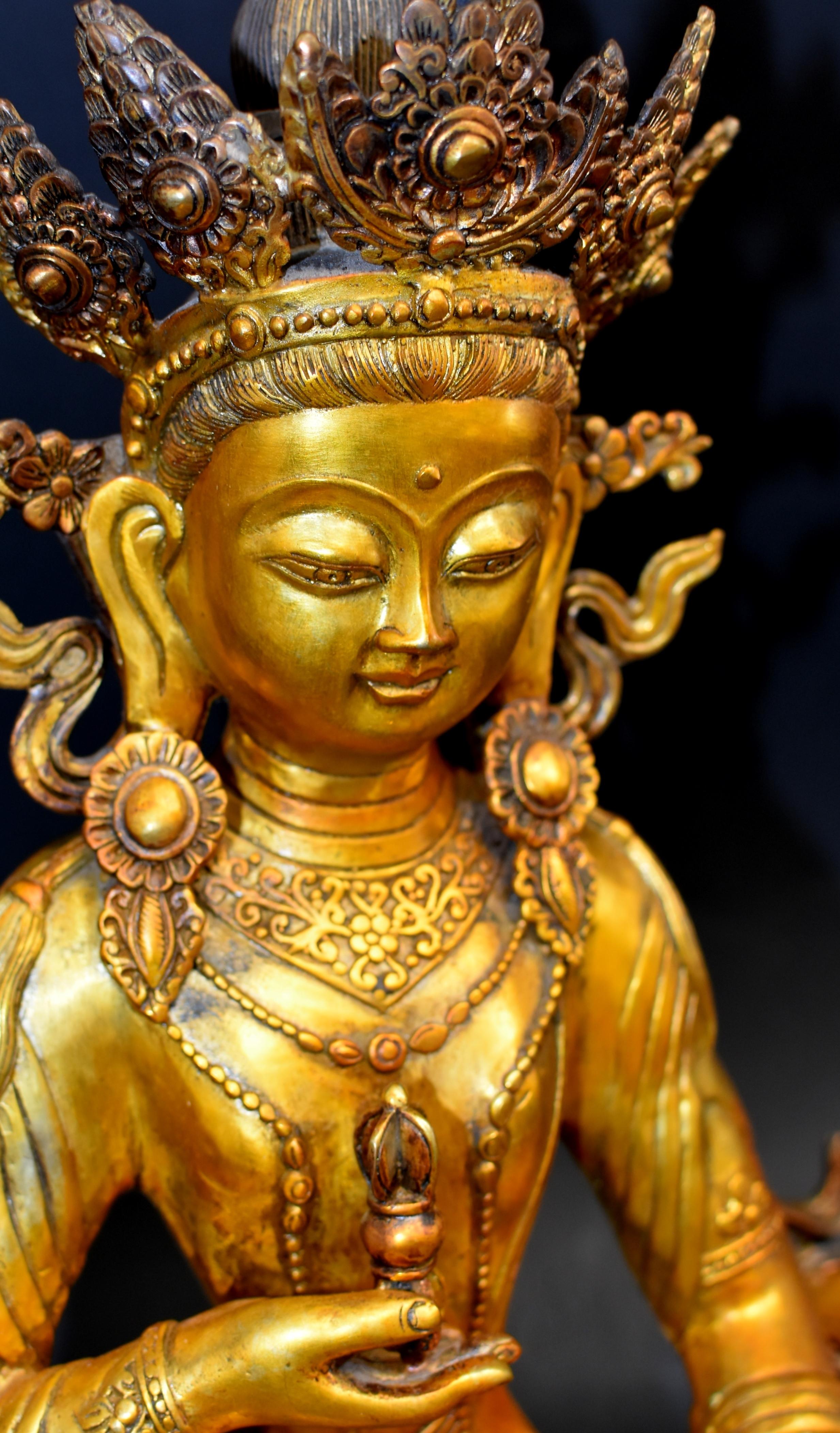 Large Vintage Tibetan Buddha Vajrasattva Gilt Bronze For Sale 9