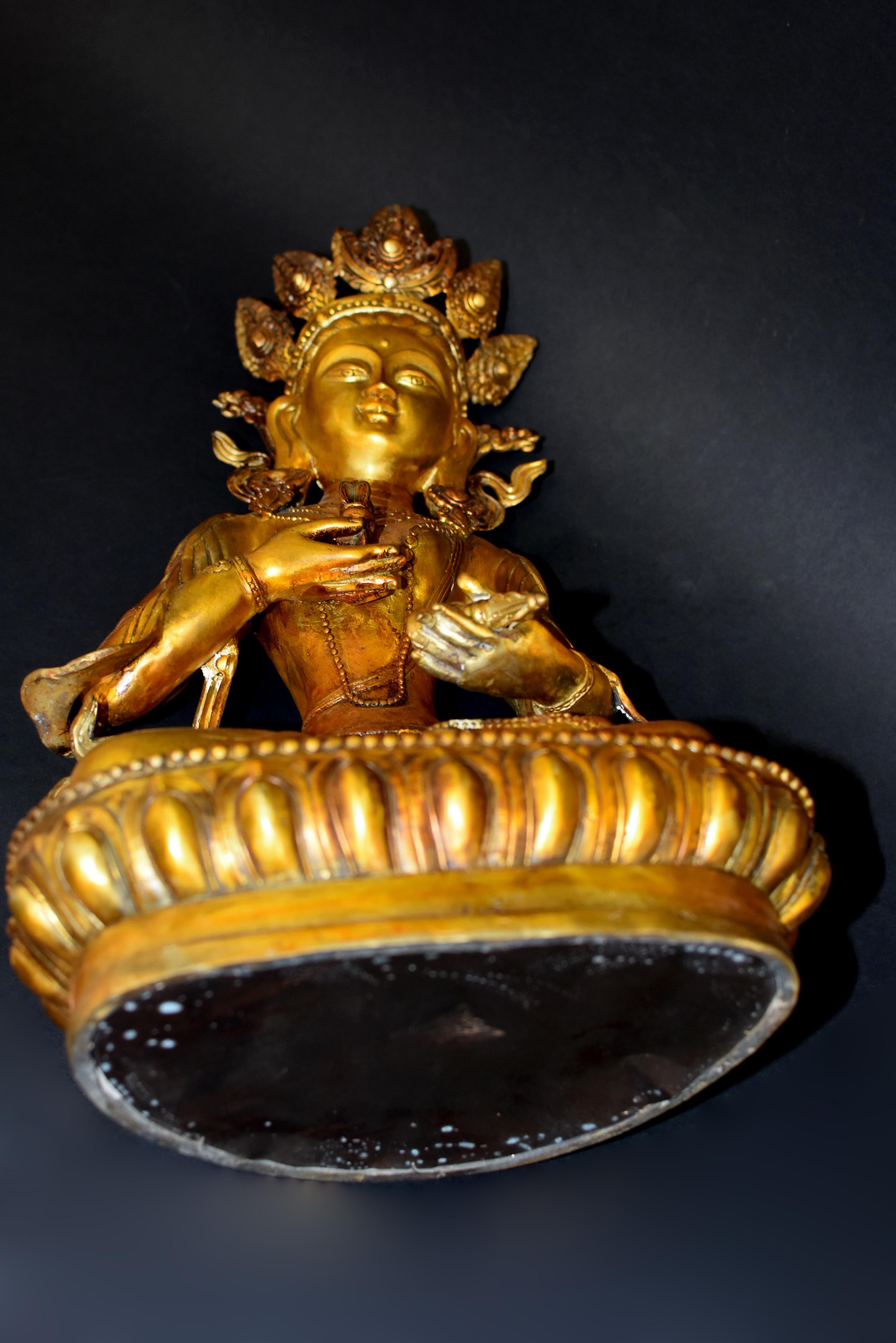 Large Vintage Tibetan Buddha Vajrasattva Gilt Bronze For Sale 15