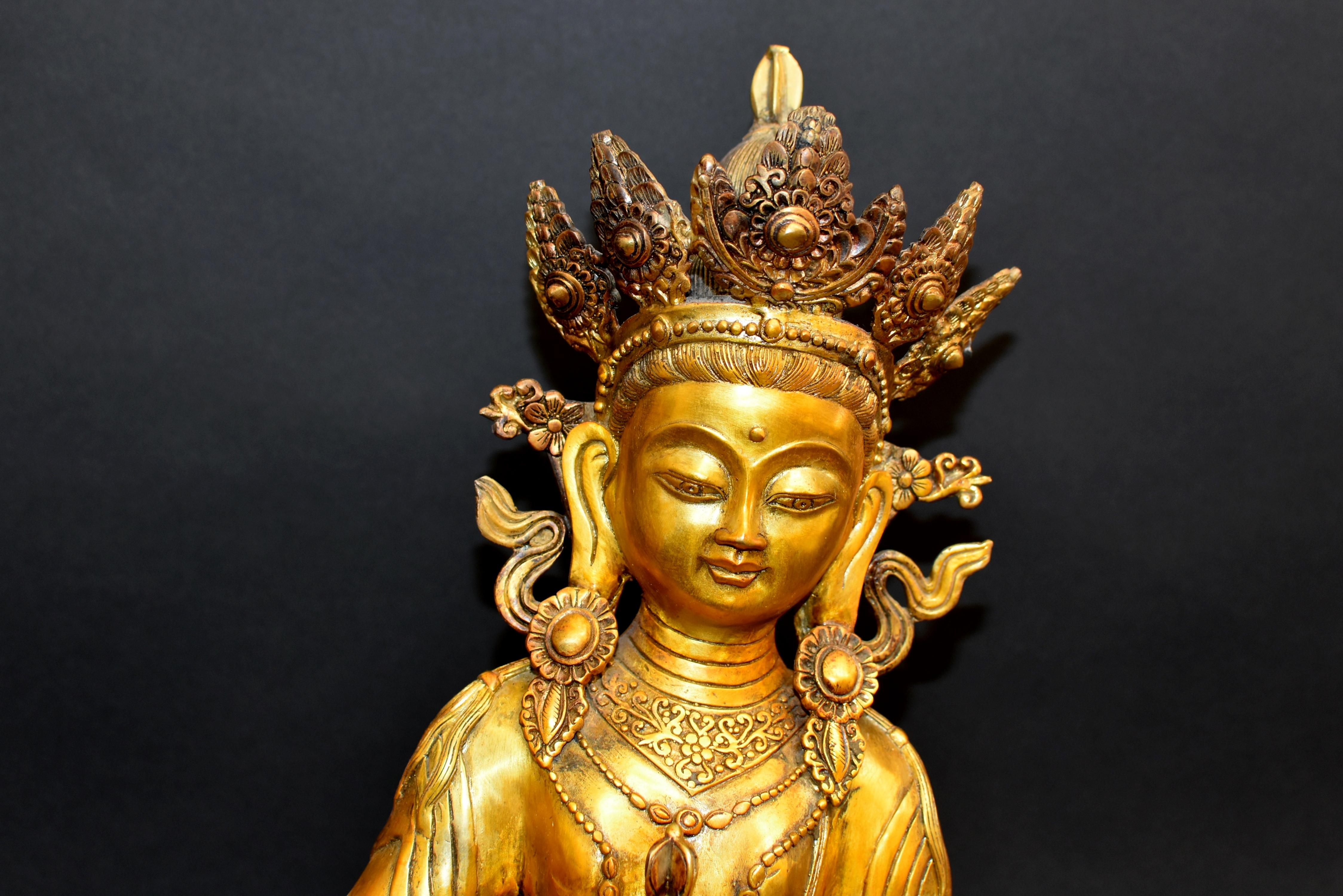 Cast Large Vintage Tibetan Buddha Vajrasattva Gilt Bronze For Sale