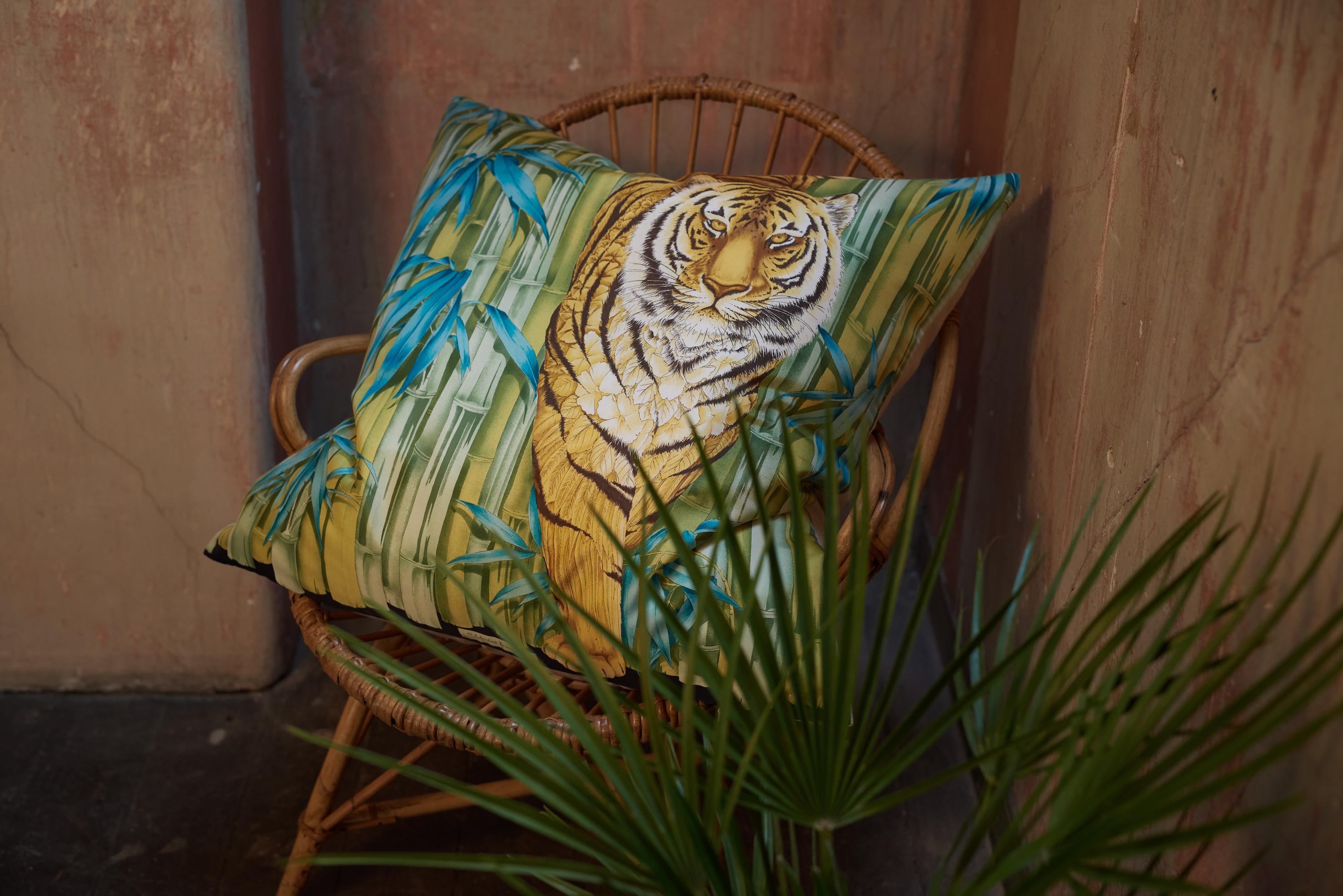 Huge Vintage Tiger Blue Salvatore Ferragamo Silk Scarf and Irish Linen Pillow 3