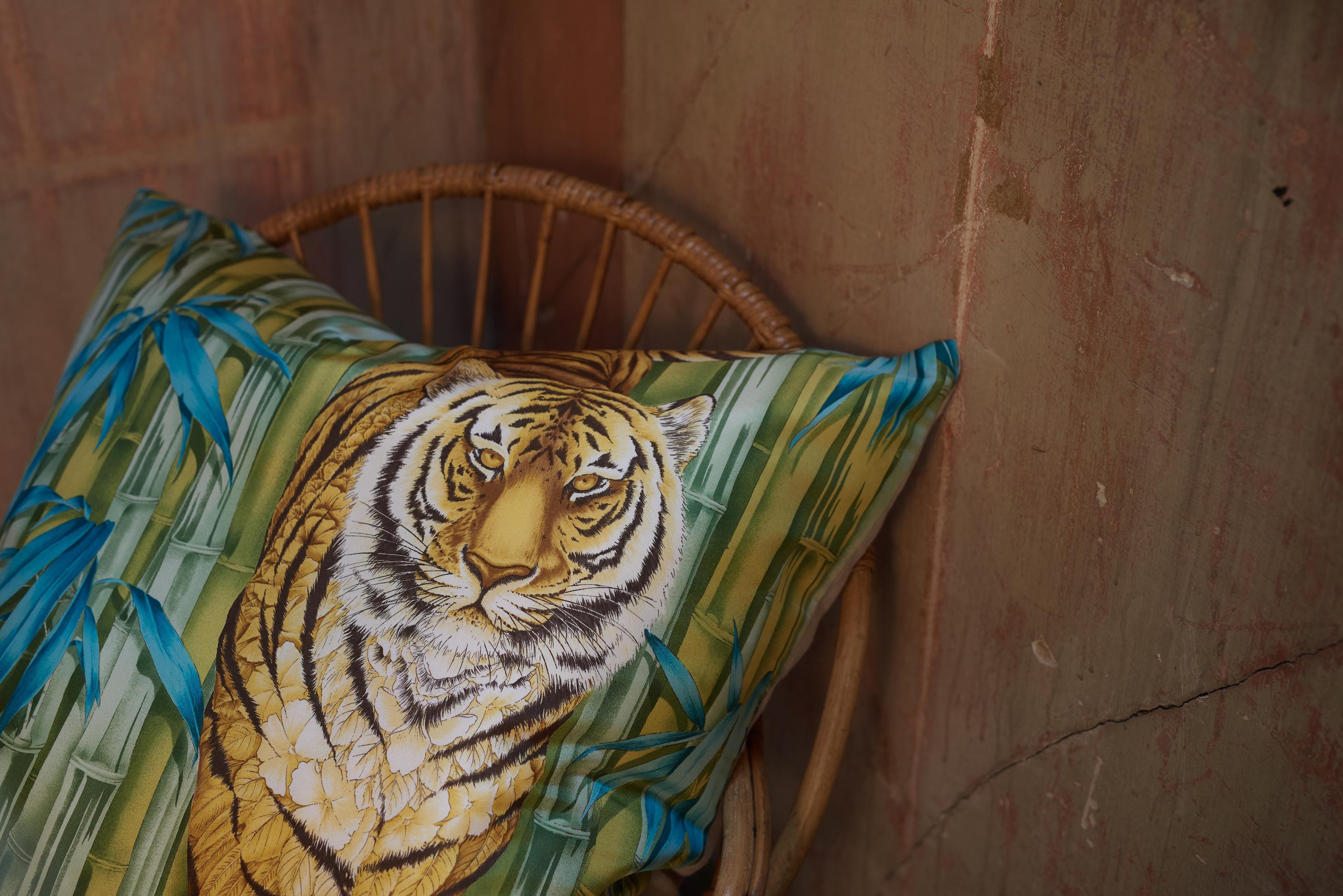 Huge Vintage Tiger Blue Salvatore Ferragamo Silk Scarf and Irish Linen Pillow 4