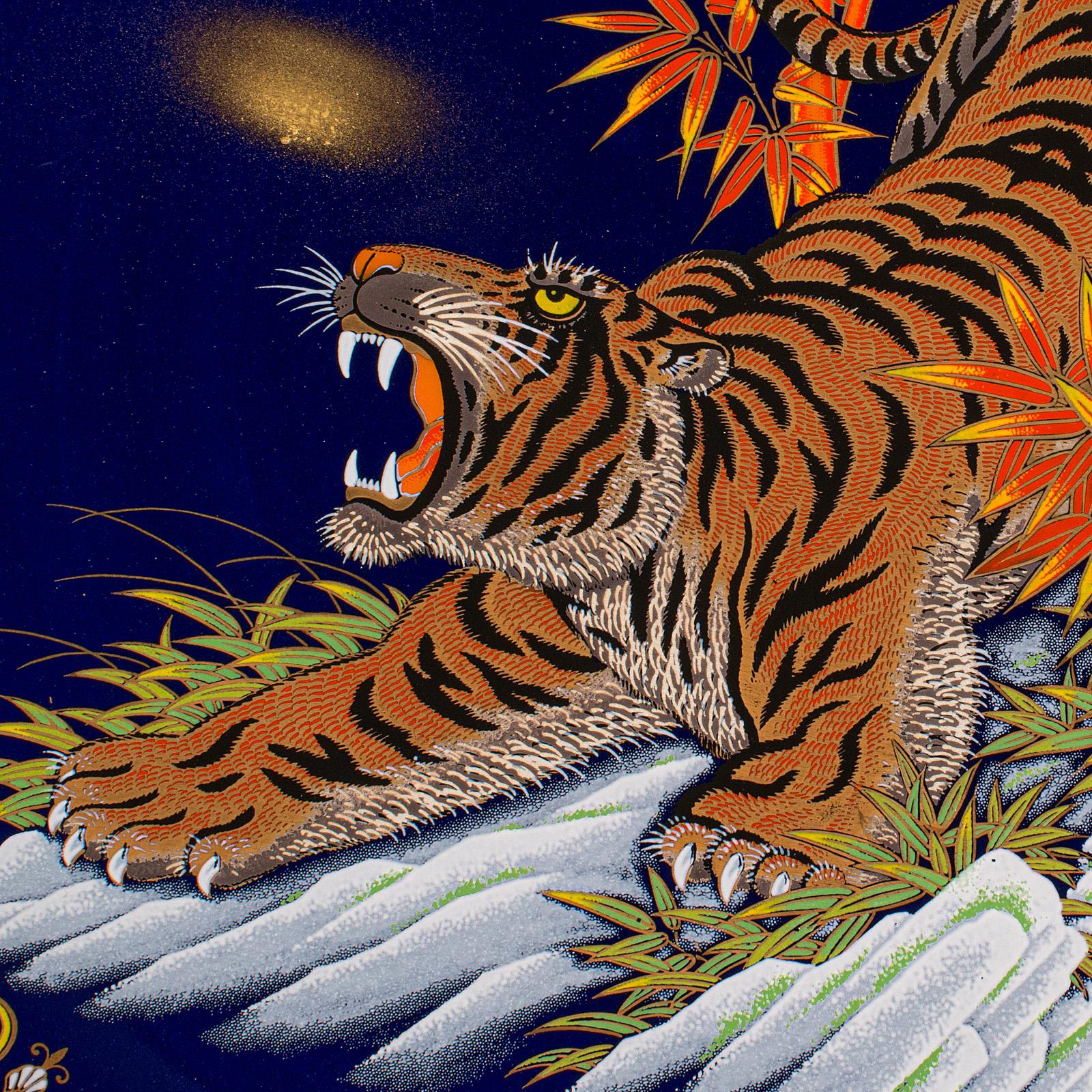 Large Vintage Tiger Charger, Chinese, Lacquer Ceramic, Display Plate, Circa 1980 For Sale 1