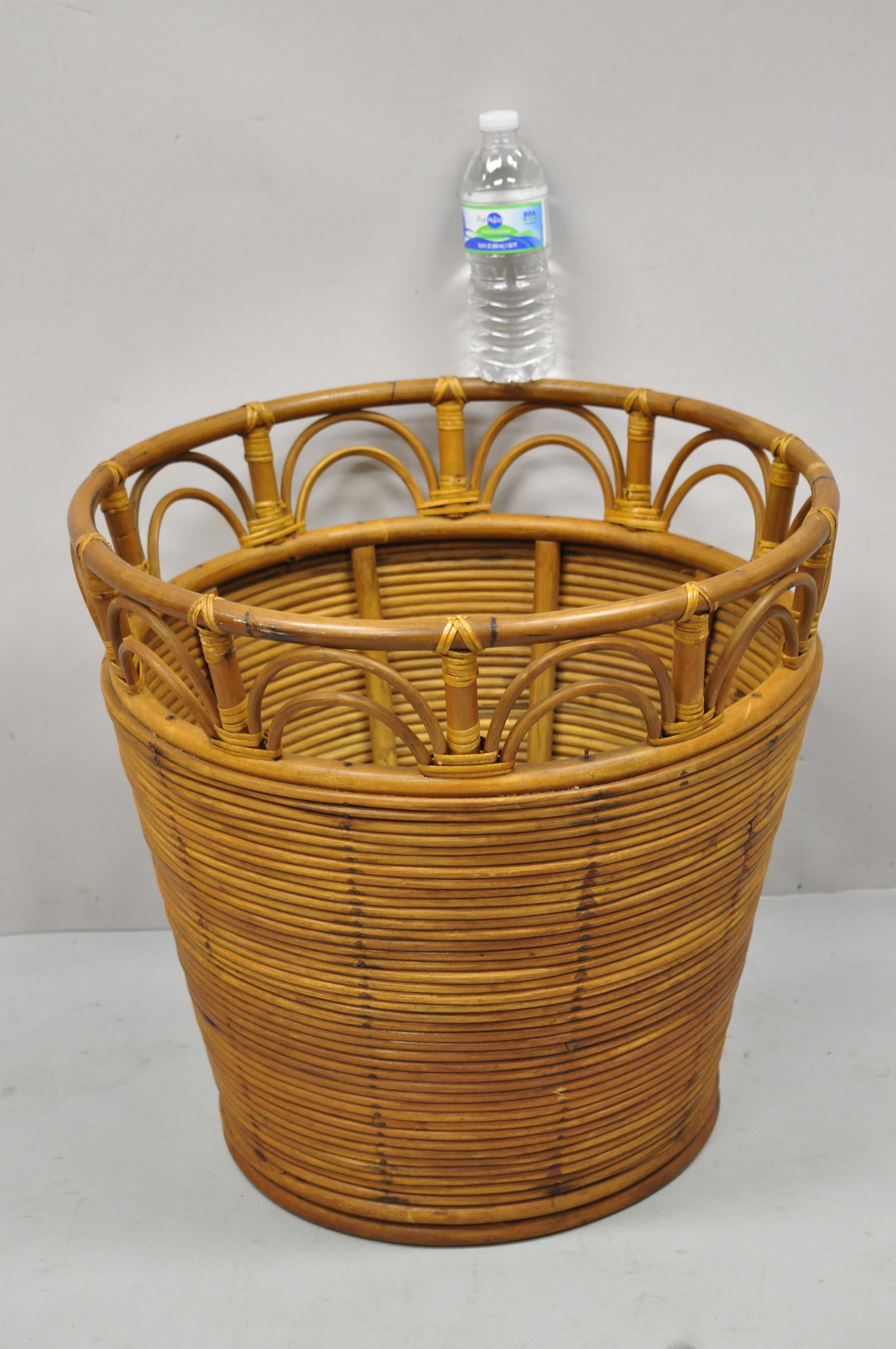 Large Vintage Tiki Beach Boho Chic Regency Wicker Rattan Bamboo Quilt Basket 1