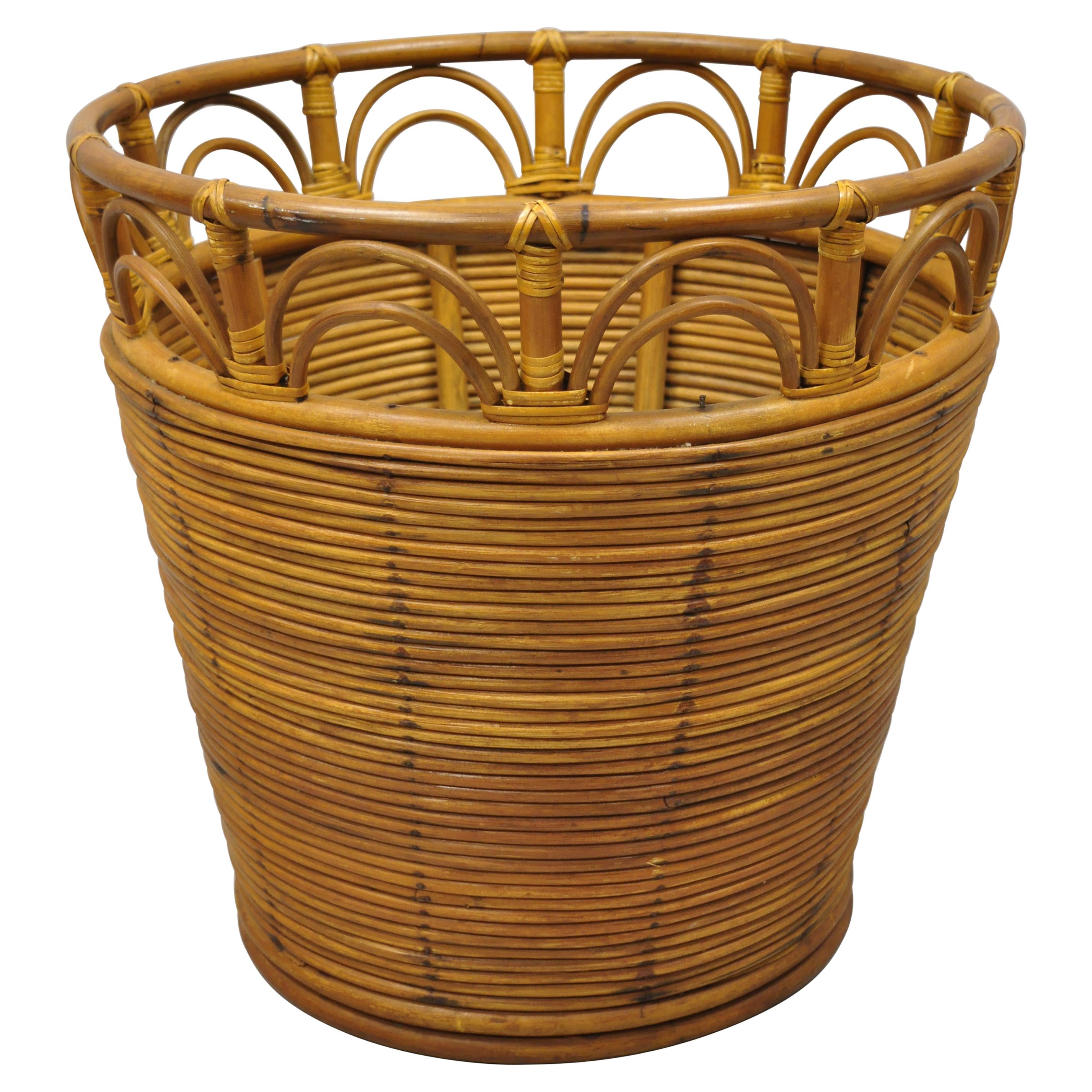 Large Vintage Tiki Beach Boho Chic Regency Wicker Rattan Bamboo Quilt Basket