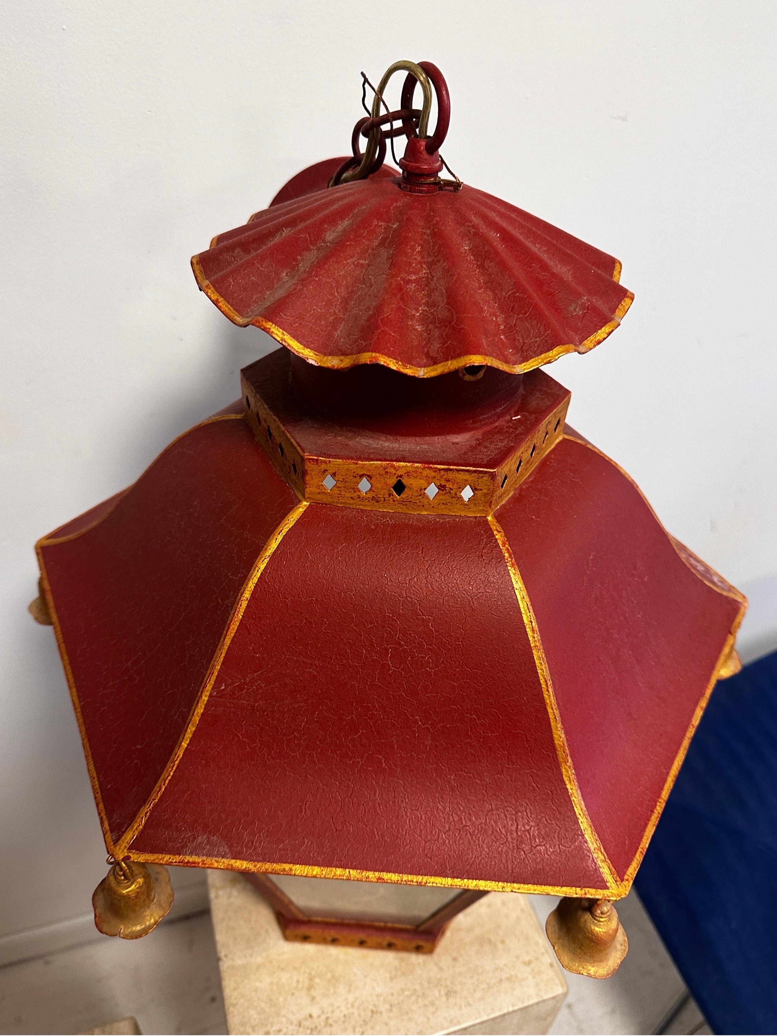 Late 20th Century Large Vintage tole Pagoda hanging lantern ceiling fixture