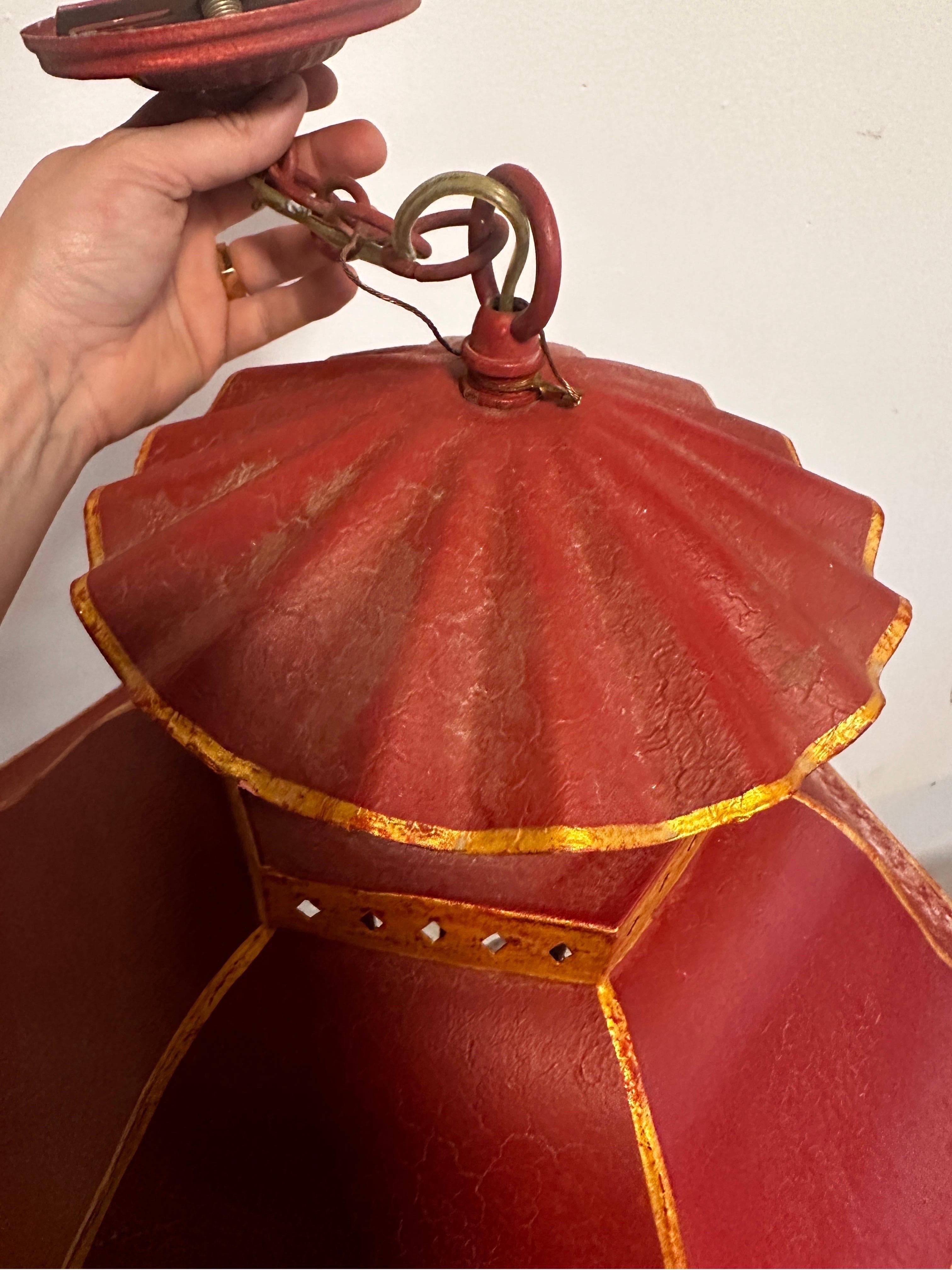 Large Vintage tole Pagoda hanging lantern ceiling fixture 1