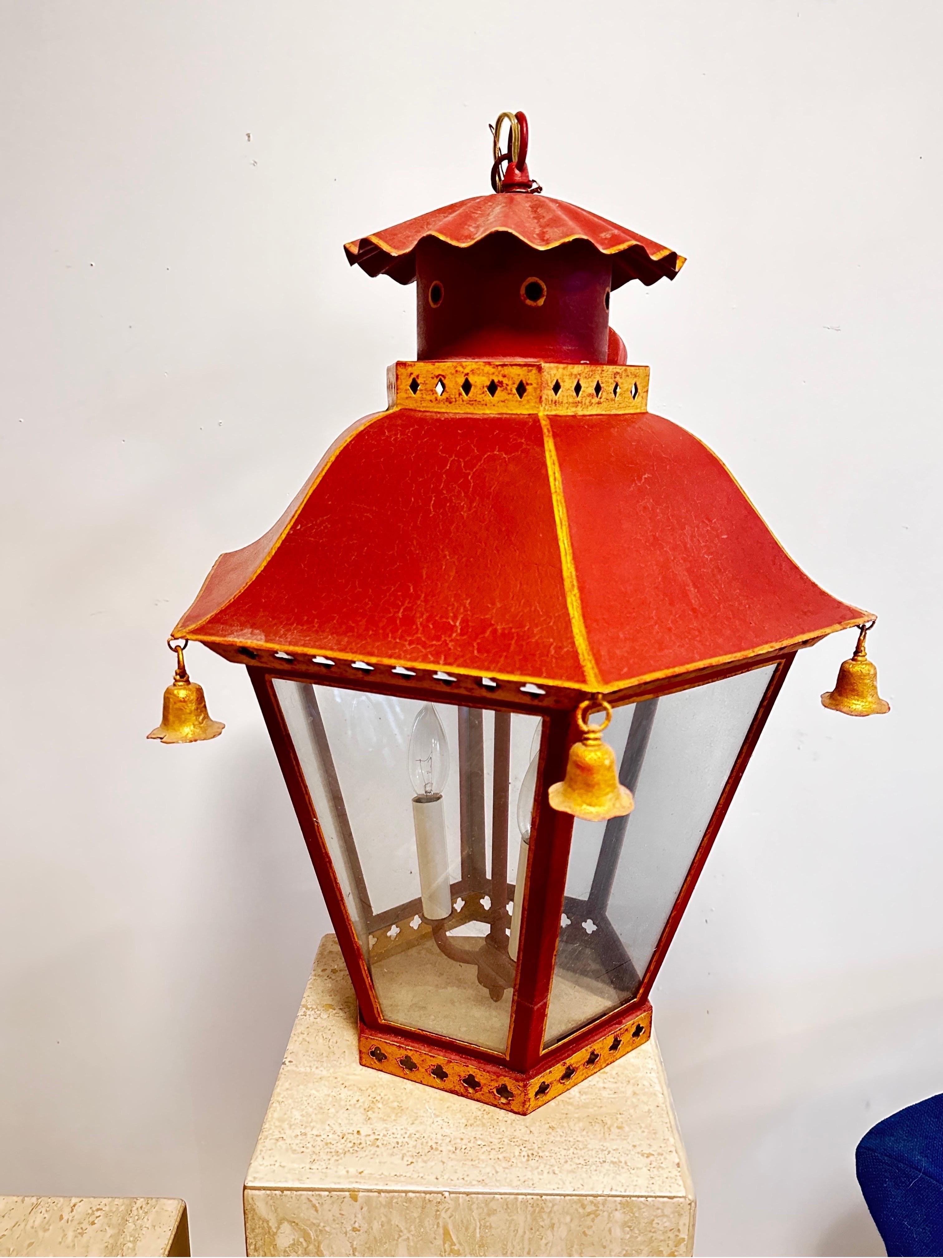 Large Vintage tole Pagoda hanging lantern ceiling fixture 2