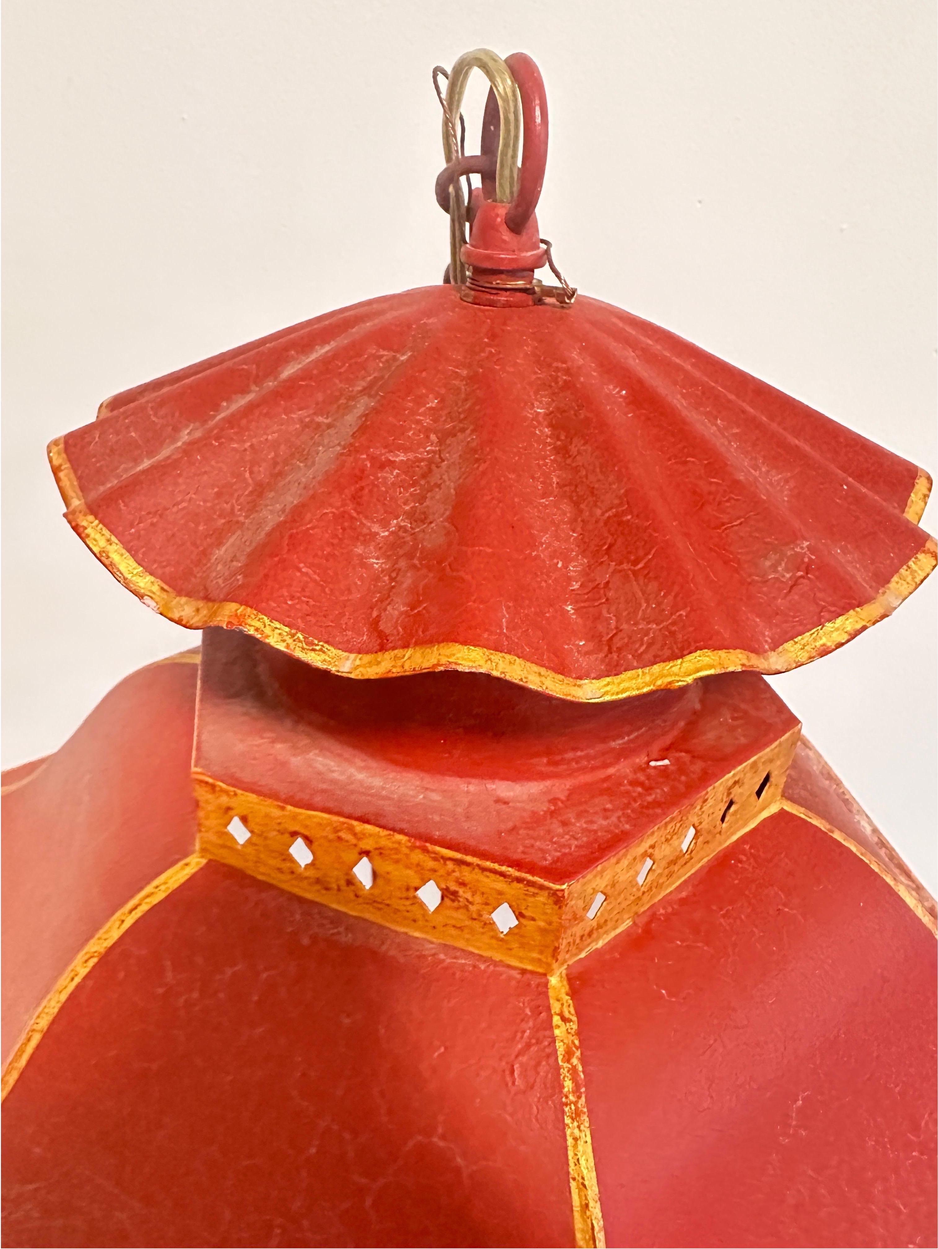 Large Vintage tole Pagoda hanging lantern ceiling fixture 3