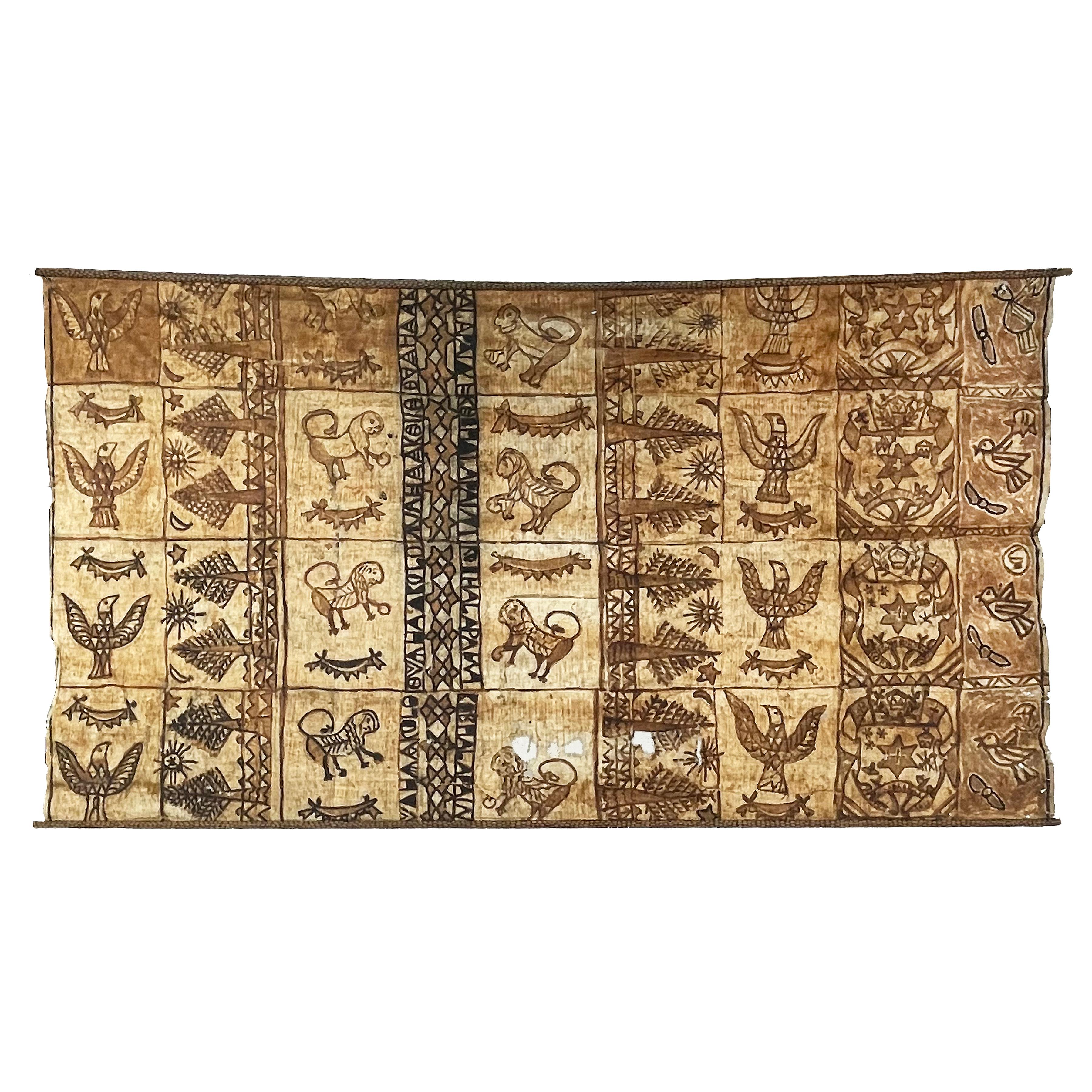 This impressive large example of Tapa cloth (or Ngatu) from Tonga is full of rich imagery including animals and a coat of arms. Dating to the Mid-20th Century it is made of the inner bark of the mulberry tree. Tapa was frequently used as a